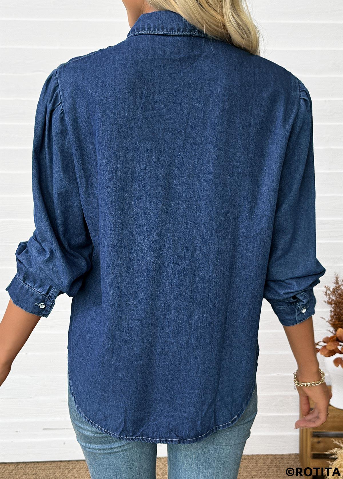Denim Blue tops,Plain Color tops,Tummy Coverage Denim Blue Long Sleeve Shirt