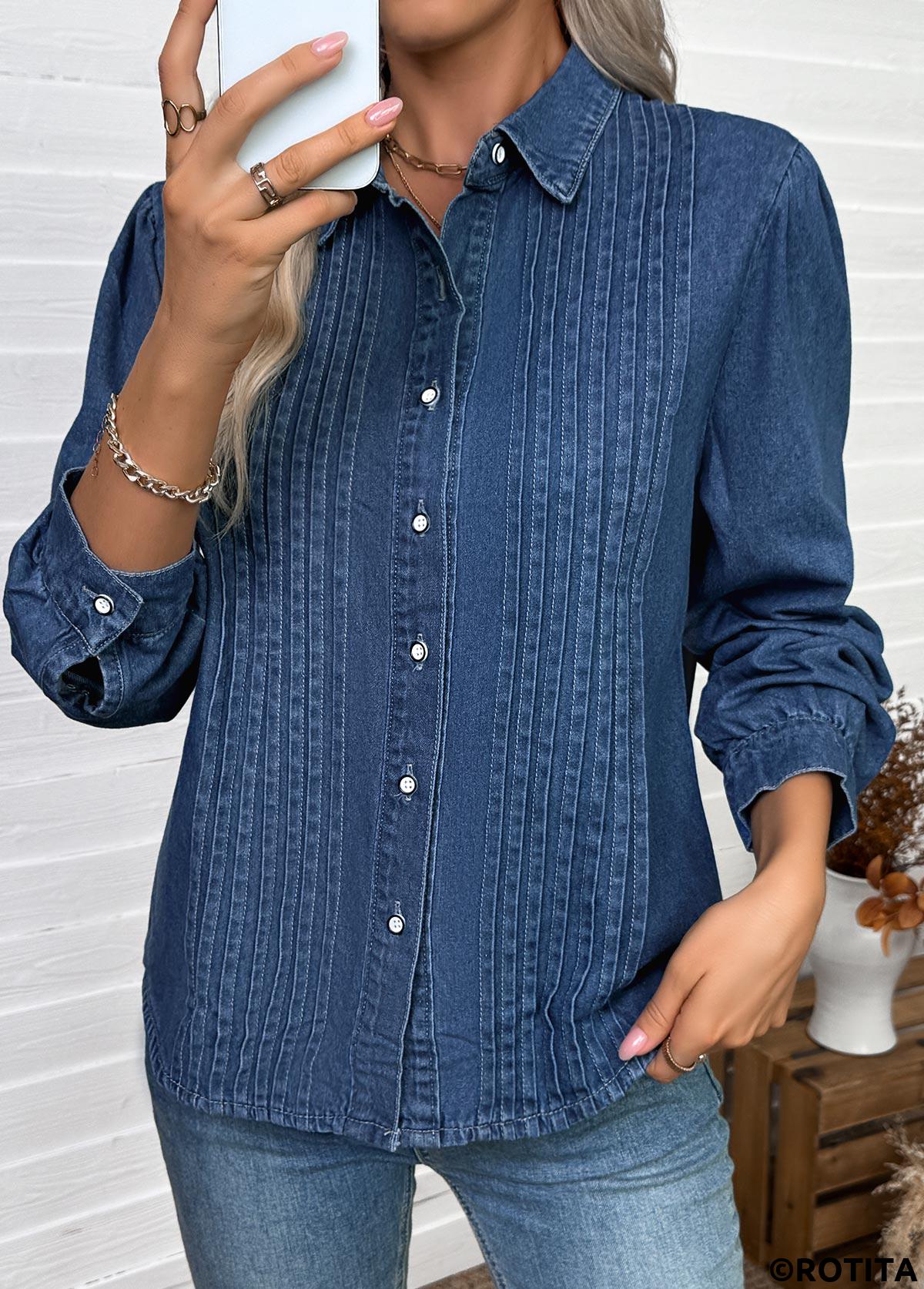 Denim Blue tops,Plain Color tops,Tummy Coverage Denim Blue Long Sleeve Shirt