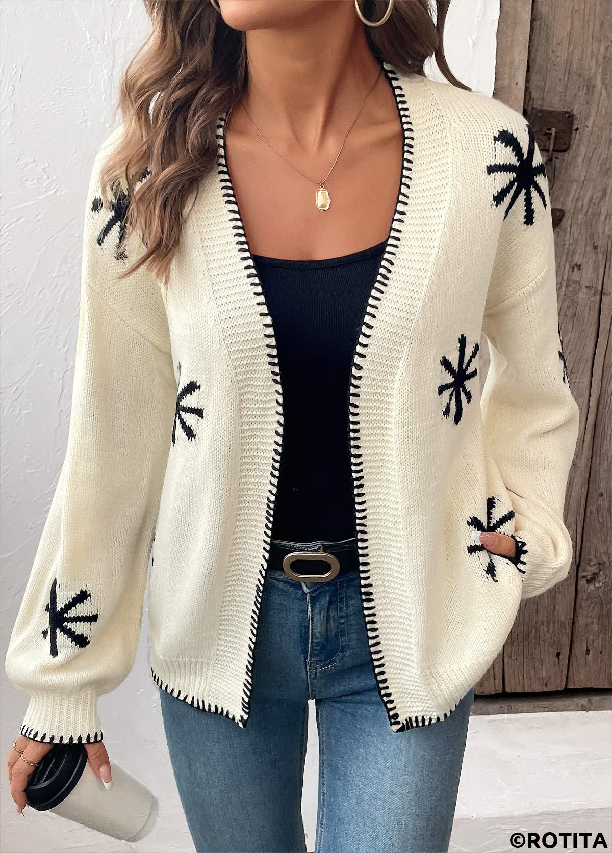 Beige tops,Geometric tops,Geometric Print Beige Long Sleeve Cardigan