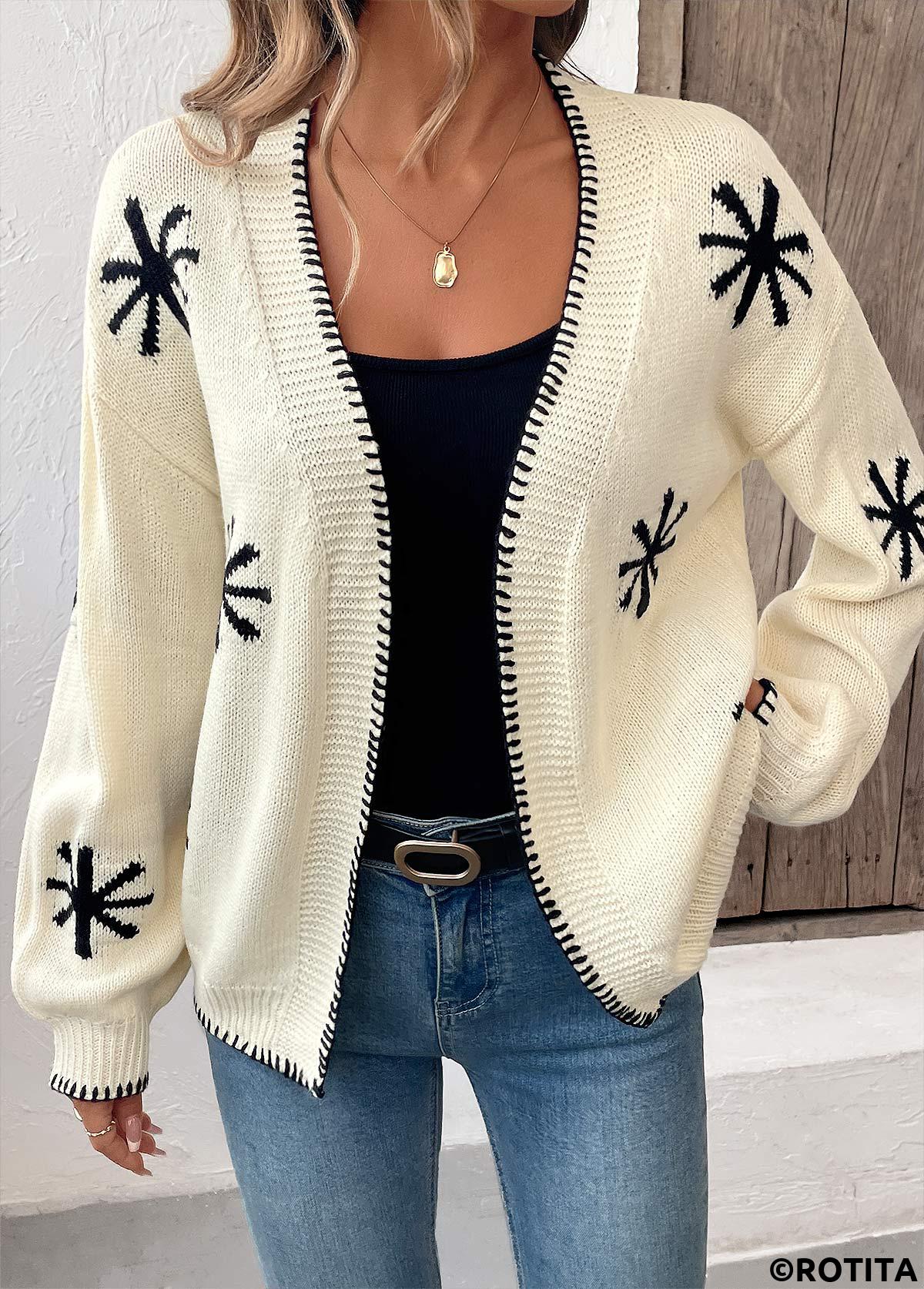 Beige tops,Geometric tops,Geometric Print Beige Long Sleeve Cardigan