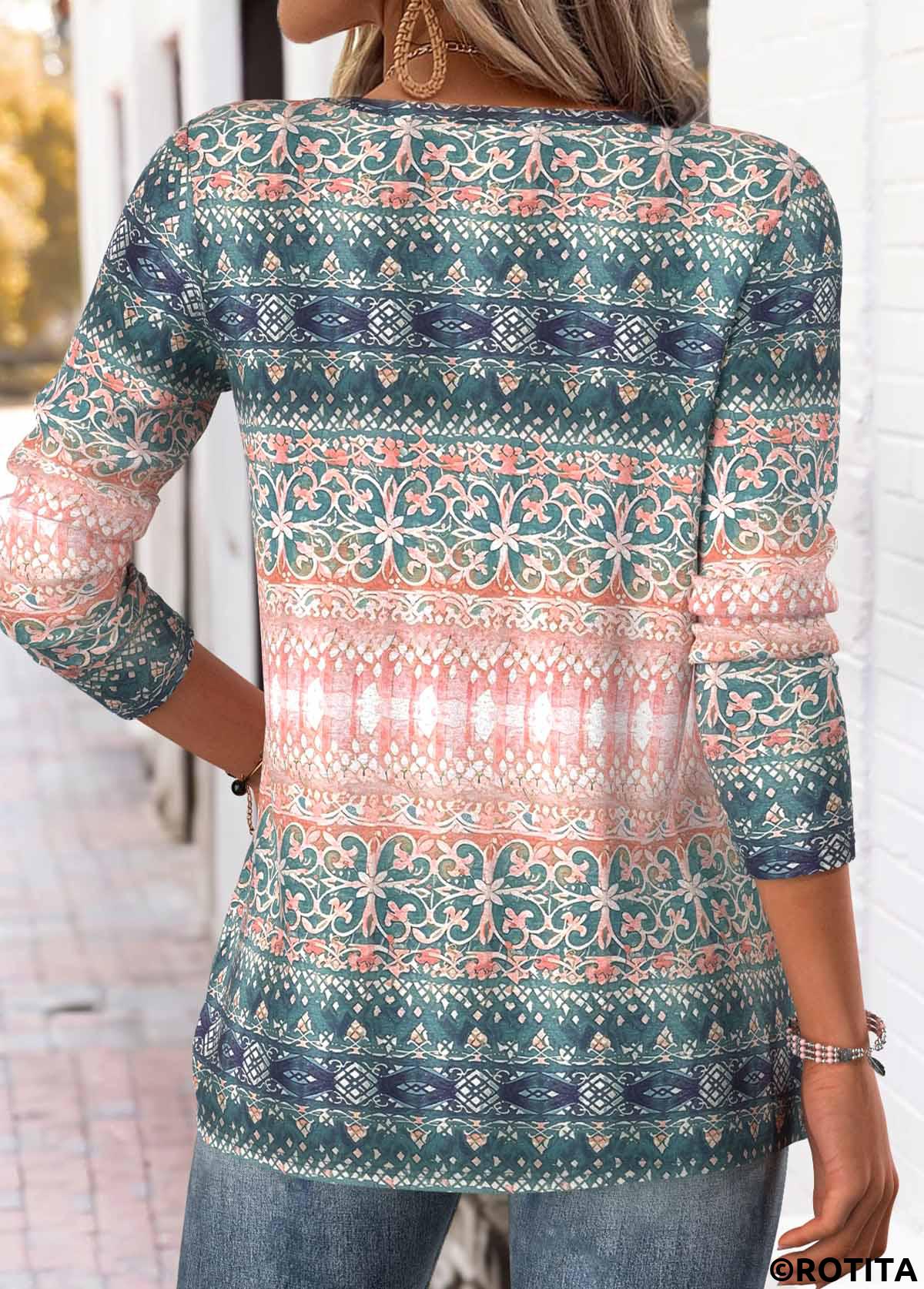 Multi Color tops,Tribal tops,ROTITA Tribal Print Multi Color Split Neck T Shirt