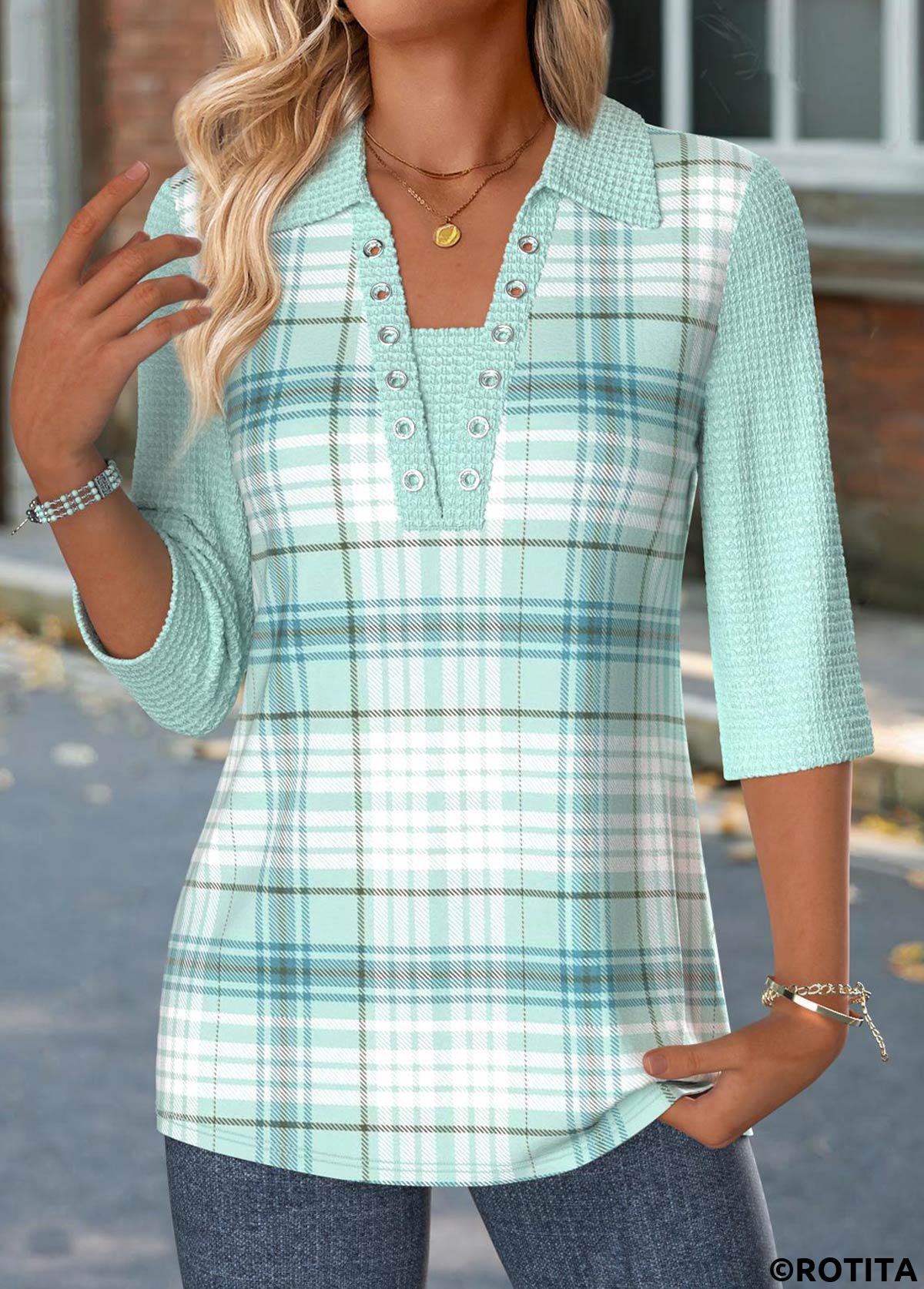 Mint Green tops,Plaid tops,Geometric tops,ROTITA Plaid Mint Green 3/4 Sleeve T Shirt