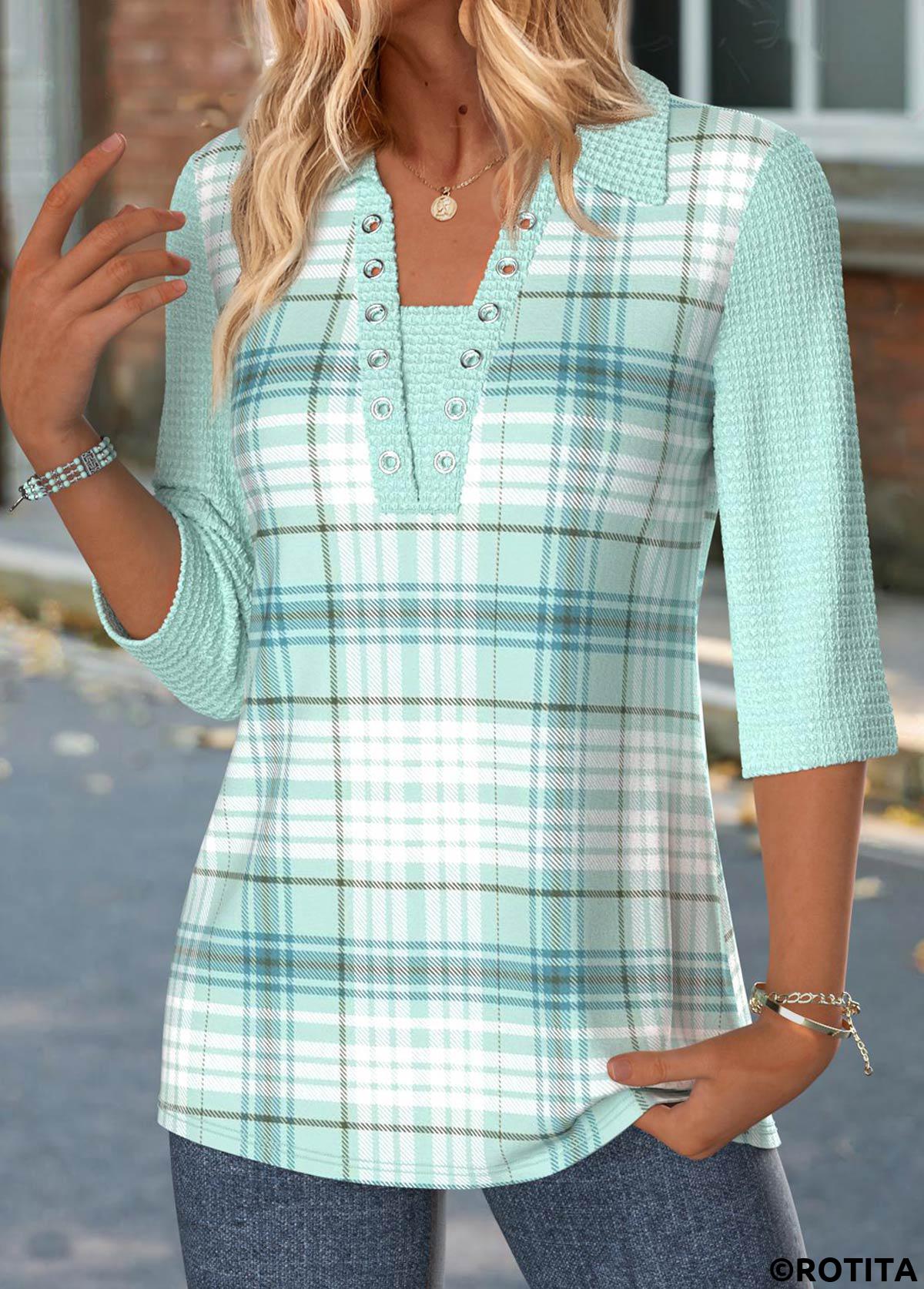 Mint Green tops,Plaid tops,Geometric tops,ROTITA Plaid Mint Green 3/4 Sleeve T Shirt