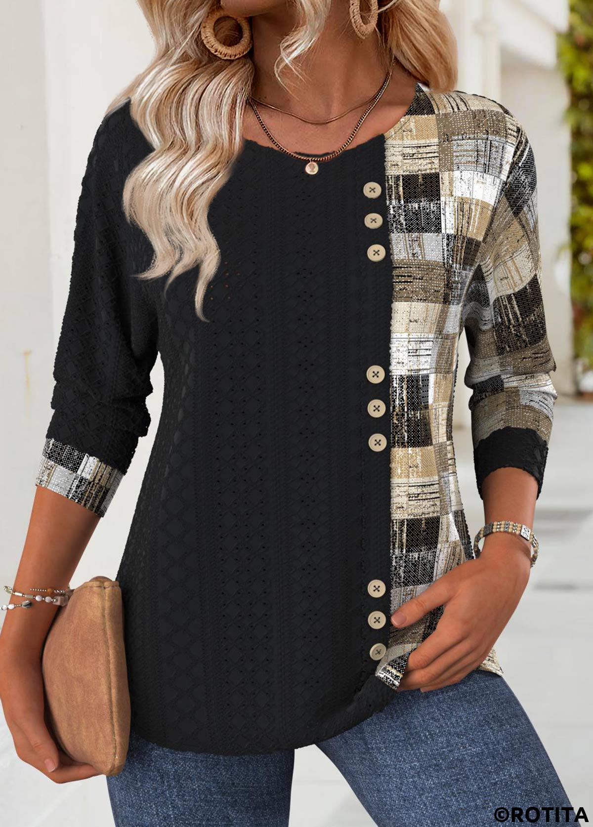 Black tops,Geometric tops,ROTITA Geometric Print Black Round Neck Long Sleeve T Shirt