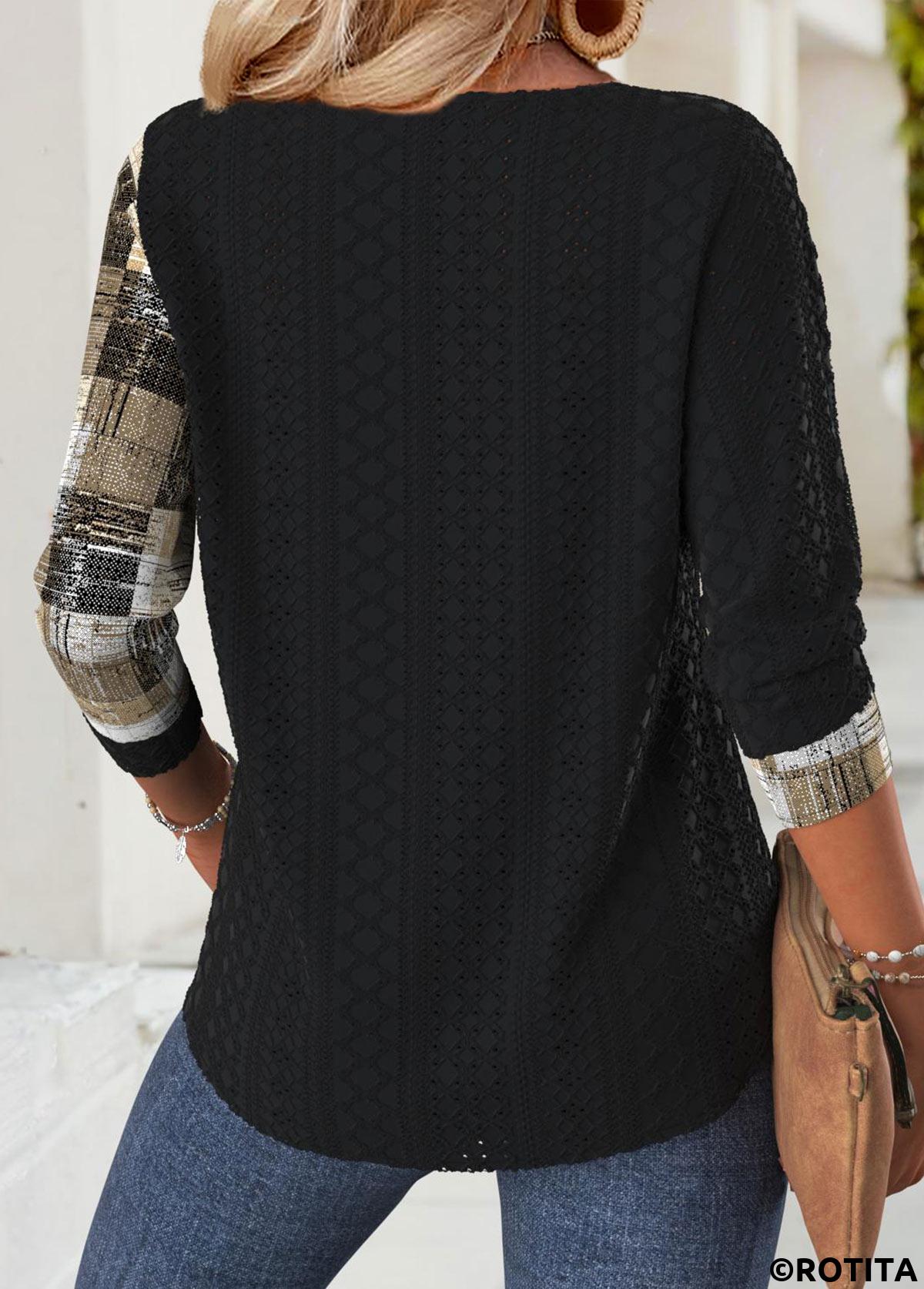 Black tops,Geometric tops,ROTITA Geometric Print Black Round Neck Long Sleeve T Shirt