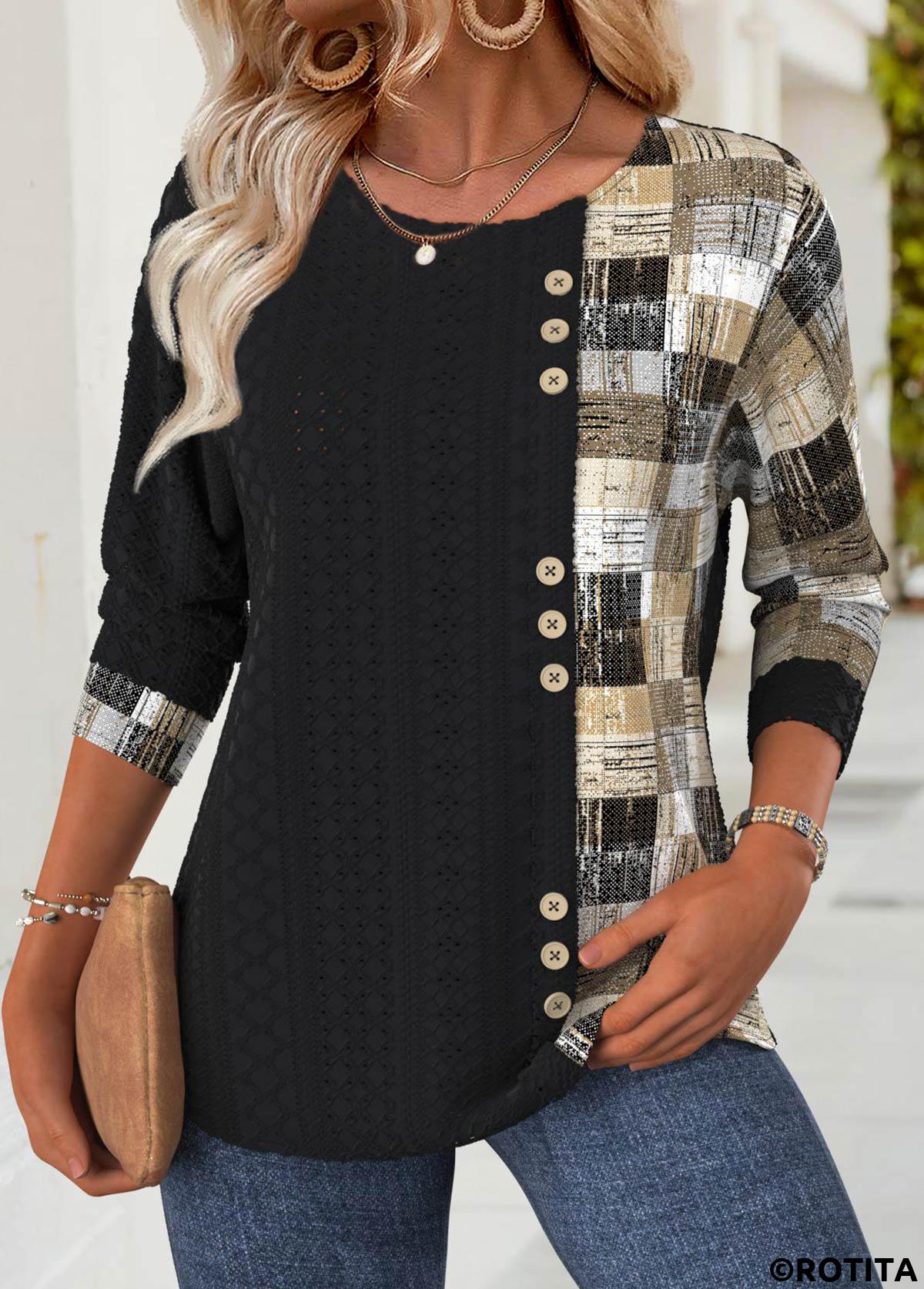 Black tops,Geometric tops,ROTITA Geometric Print Black Round Neck Long Sleeve T Shirt