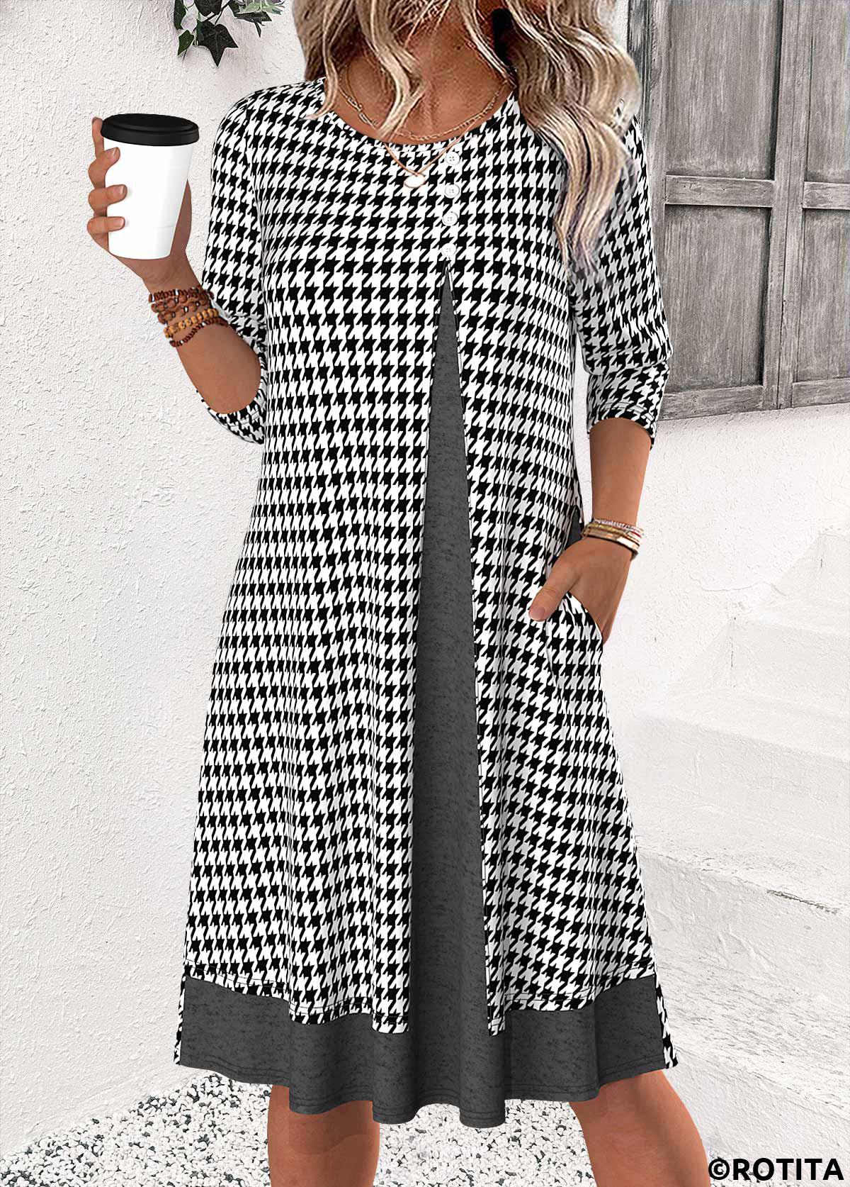 Black dresses,Plaid dresses,Geometric dresses,Everyday dresses,Casual dresses,ROTITA Plaid Black Round Neck 3/4 Sleeve Dress
