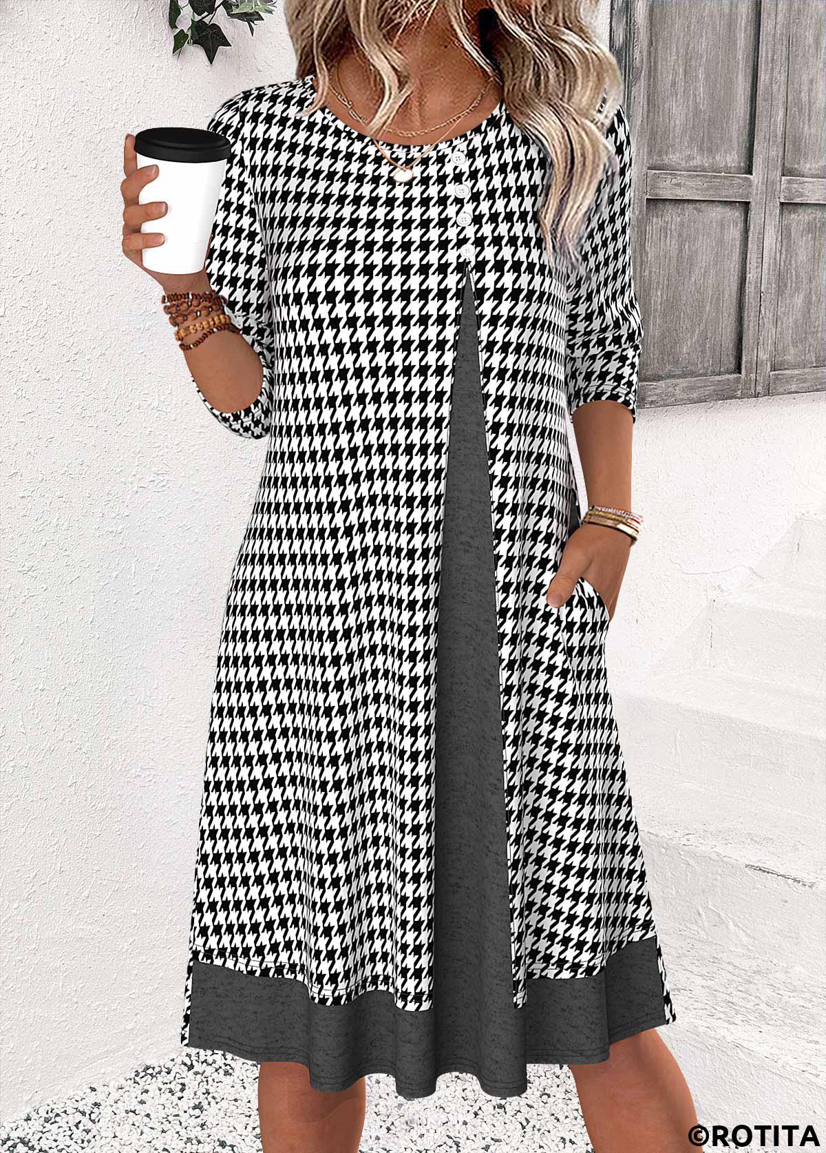 Black dresses,Plaid dresses,Geometric dresses,Everyday dresses,Casual dresses,ROTITA Plaid Black Round Neck 3/4 Sleeve Dress