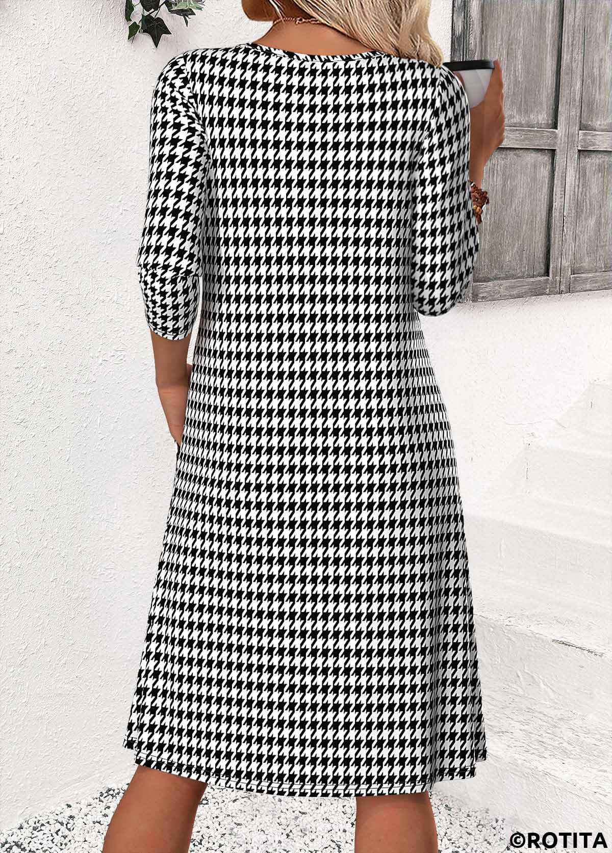 Black dresses,Plaid dresses,Geometric dresses,Everyday dresses,Casual dresses,ROTITA Plaid Black Round Neck 3/4 Sleeve Dress