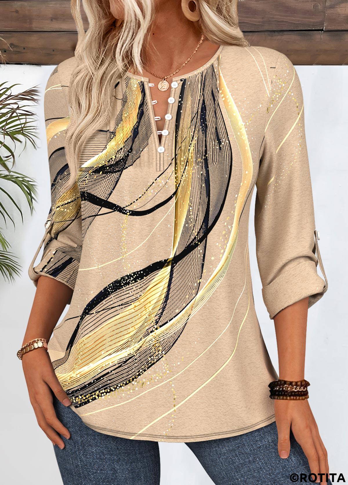 Light Coffee tops,Geometric tops,ROTITA Geometric Print Light Coffee T Shirt