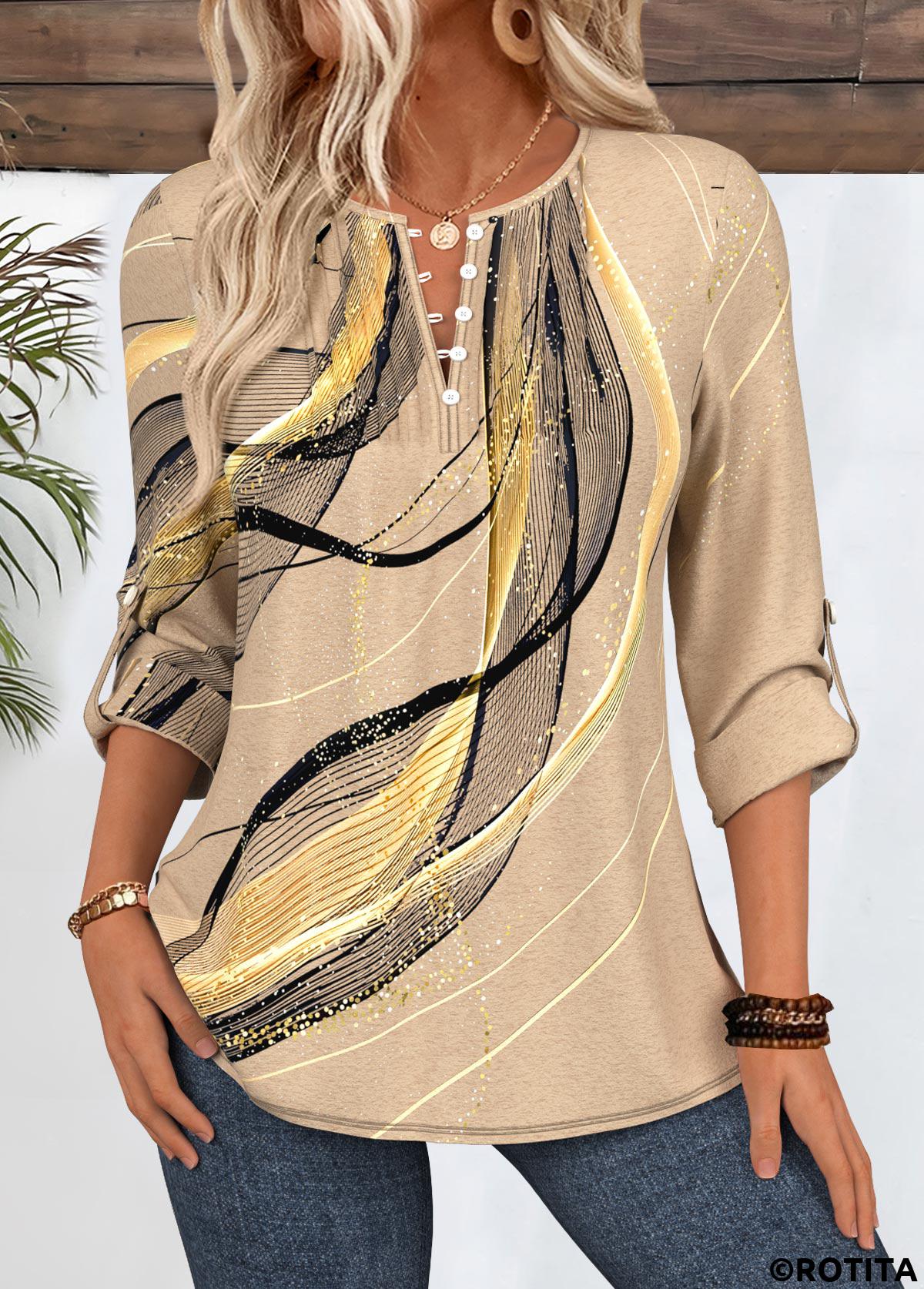 Light Coffee tops,Geometric tops,ROTITA Geometric Print Light Coffee T Shirt