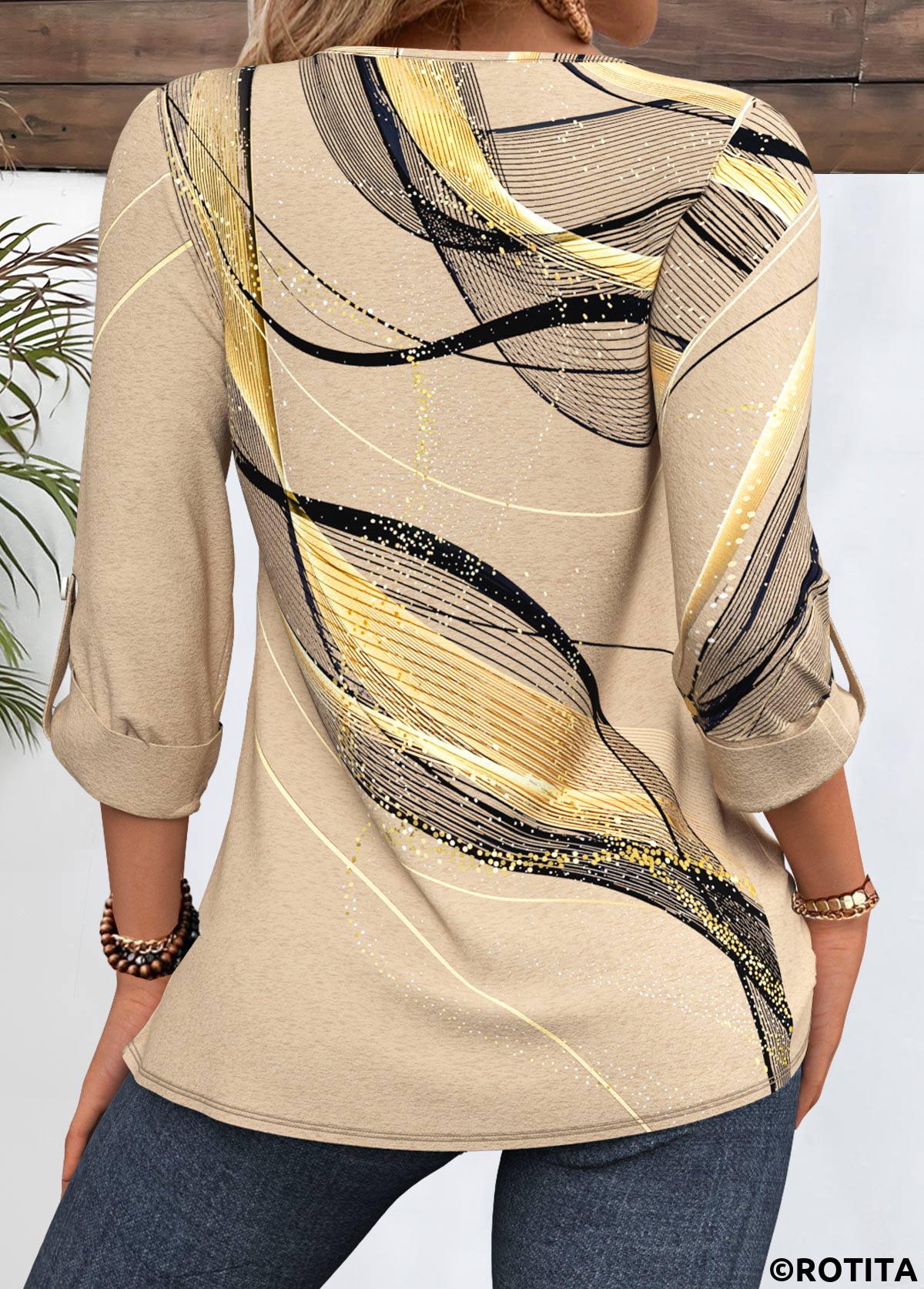 Light Coffee tops,Geometric tops,ROTITA Geometric Print Light Coffee T Shirt