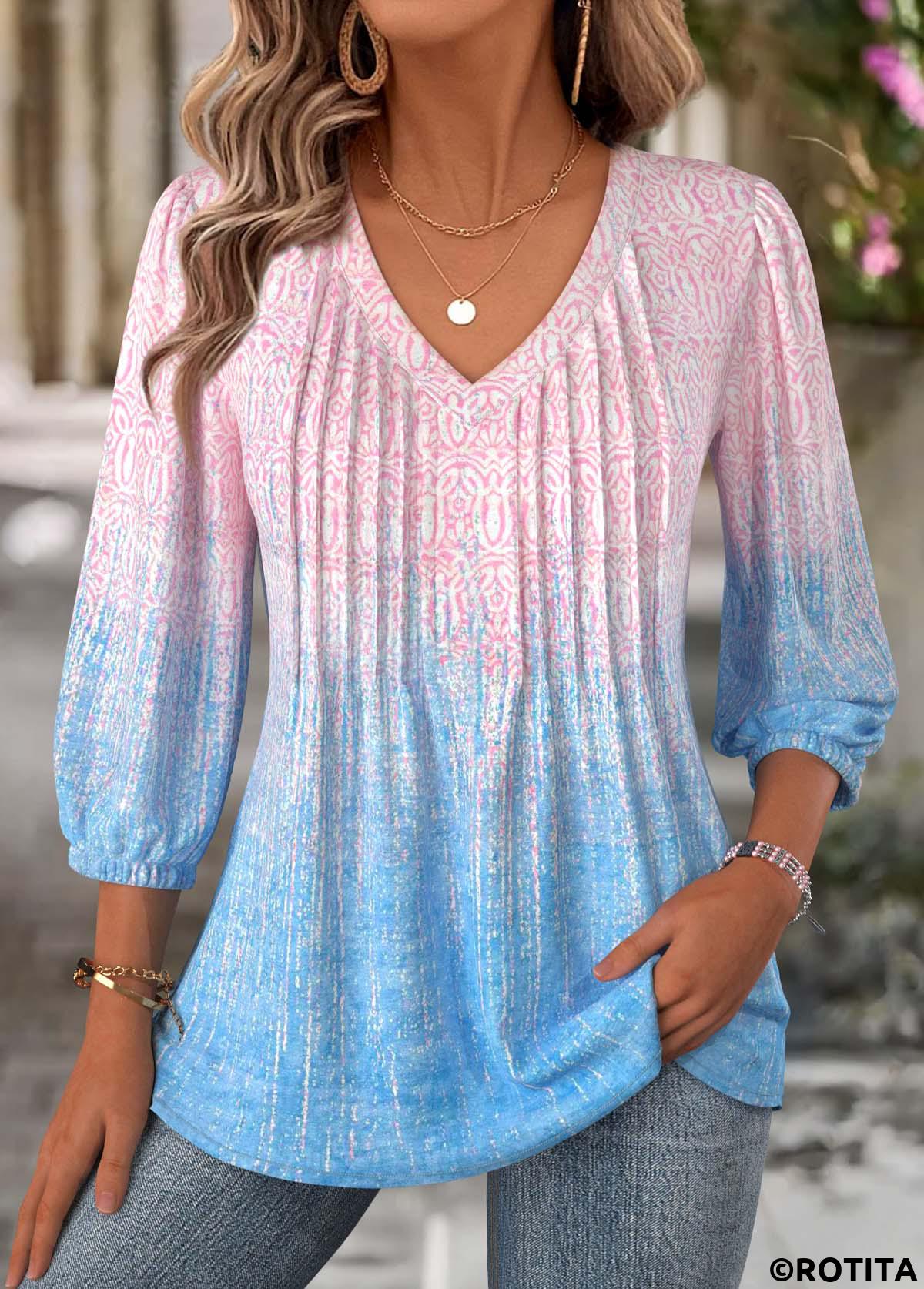 Multi Color tops,Ombre tops,ROTITA Ombre Multi Color V Neck 3/4 Sleeve Blouse