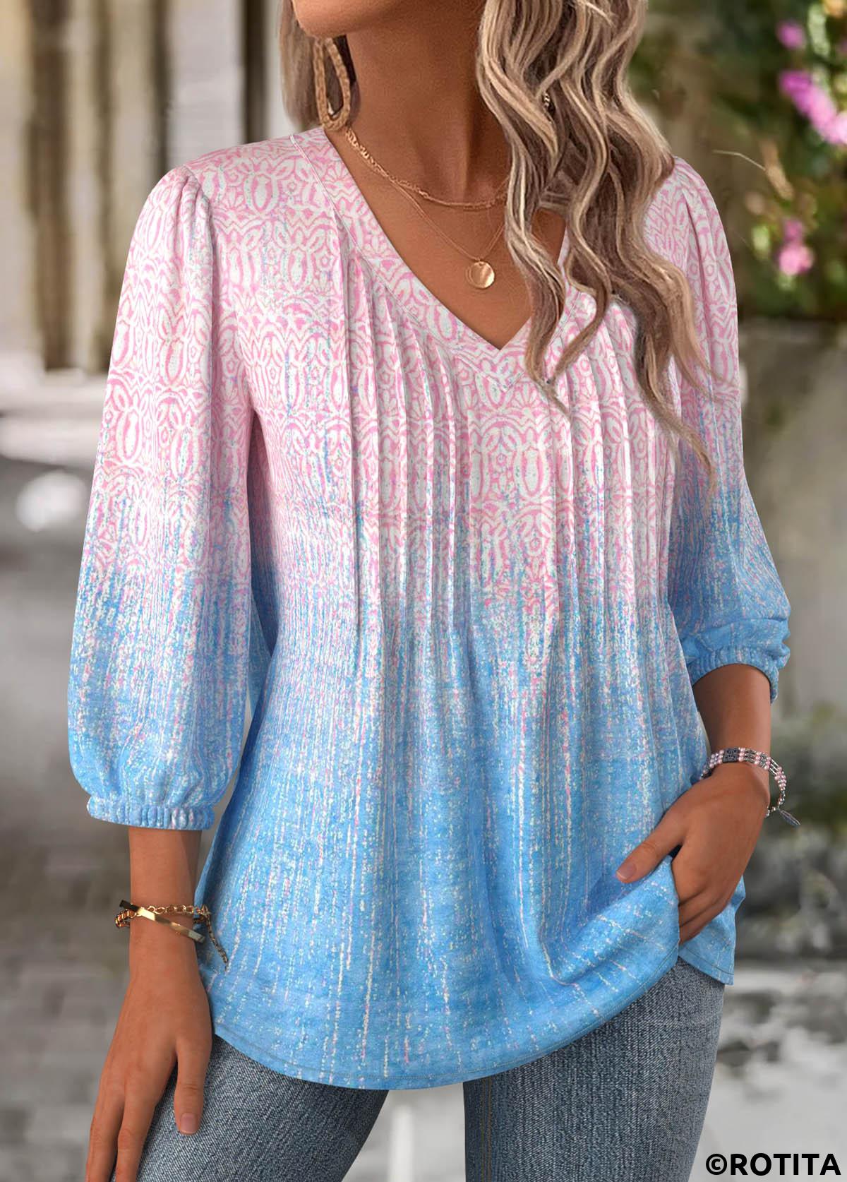 Multi Color tops,Ombre tops,ROTITA Ombre Multi Color V Neck 3/4 Sleeve Blouse