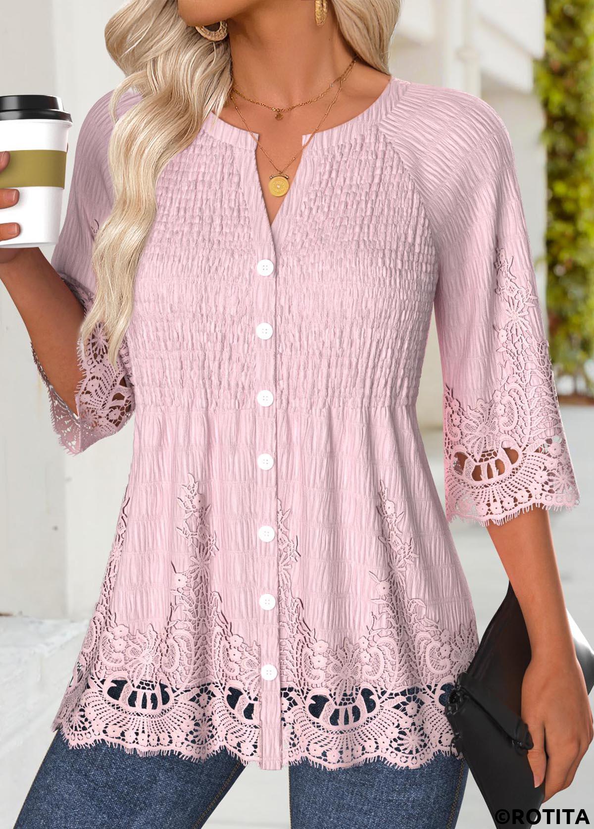 Light Pink tops,Plain Color tops,ROTITA Light Pink Split Neck 3/4 Sleeve Blouse