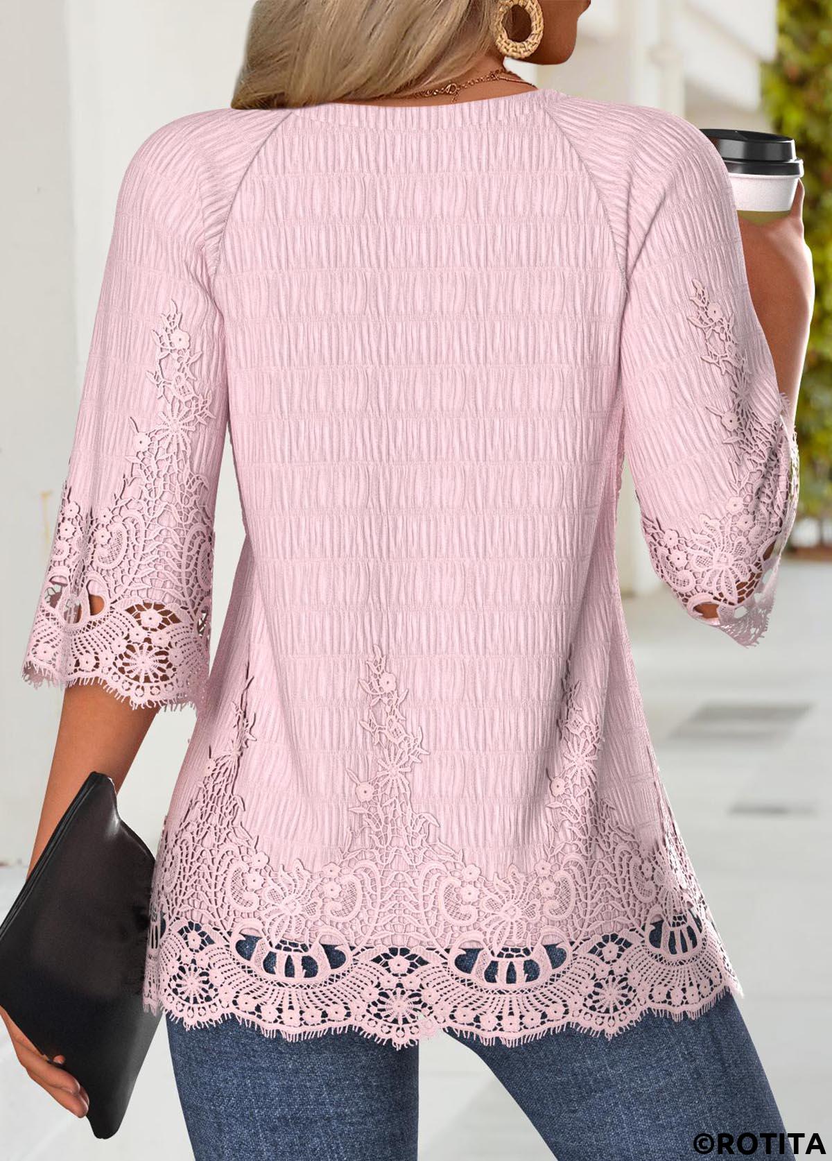 Light Pink tops,Plain Color tops,ROTITA Light Pink Split Neck 3/4 Sleeve Blouse