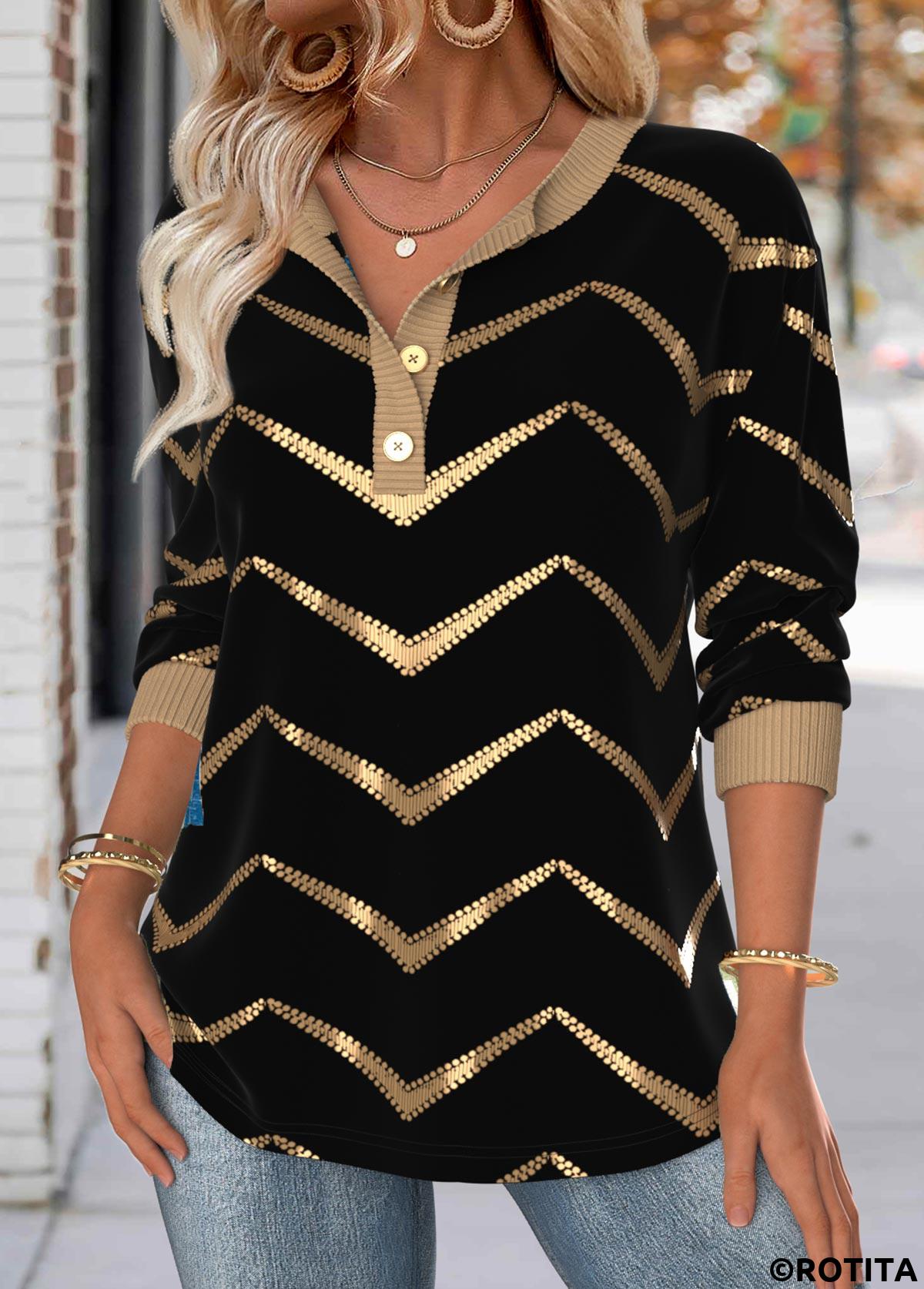 Black tops,Geometric tops,ROTITA Geometric Print Black Split Neck Long Sleeve Sweatshirt