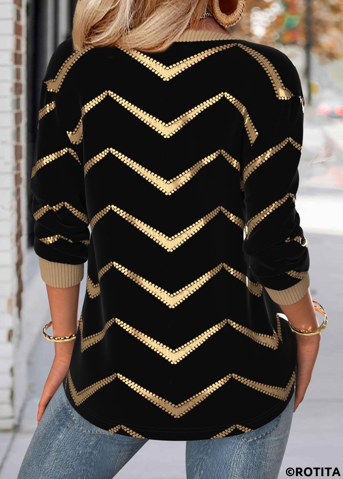 Black tops,Geometric tops,ROTITA Geometric Print Black Split Neck Long Sleeve Sweatshirt