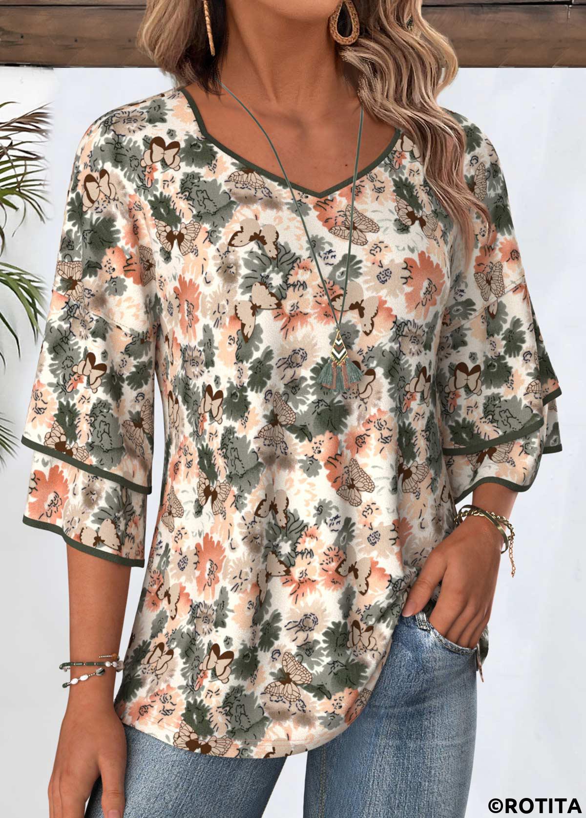 Multi Color tops,Floral tops,Plants tops,ROTITA Floral Print Multi Color 3/4 Sleeve T Shirt