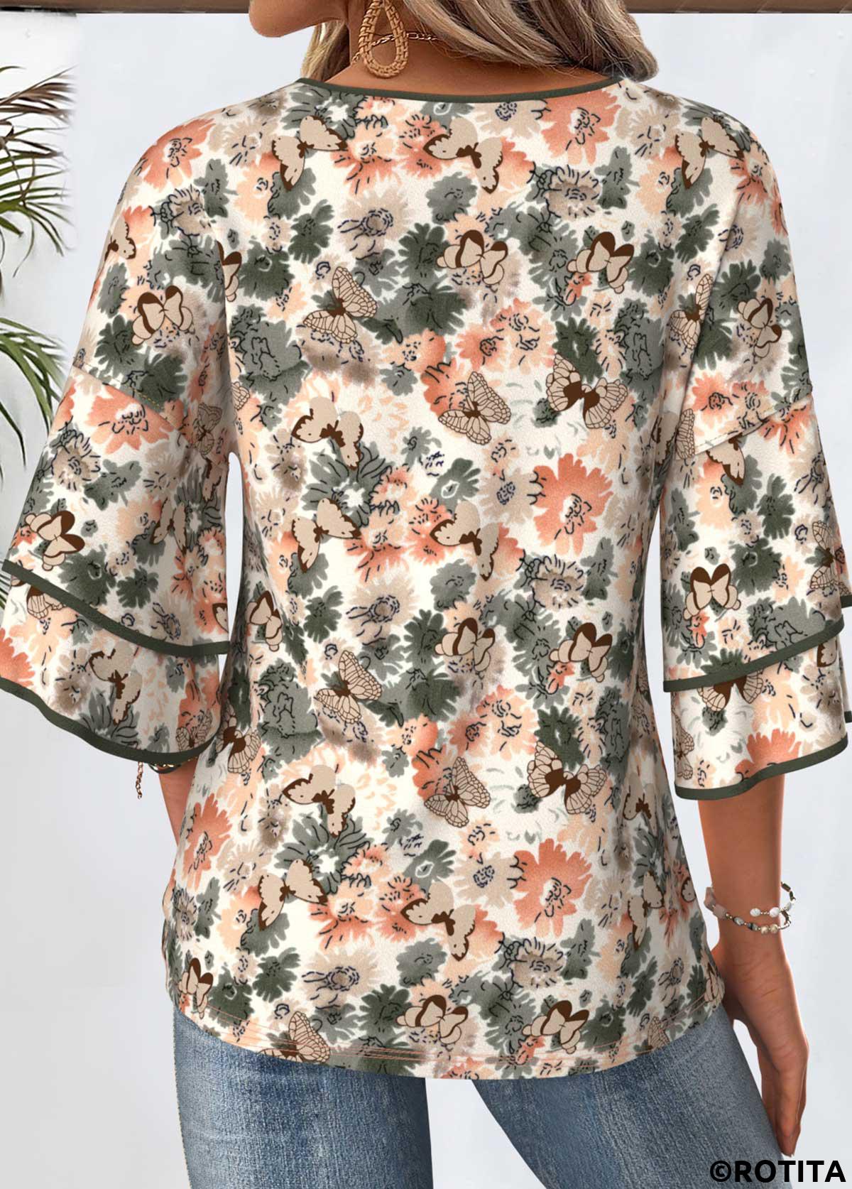 Multi Color tops,Floral tops,Plants tops,ROTITA Floral Print Multi Color 3/4 Sleeve T Shirt