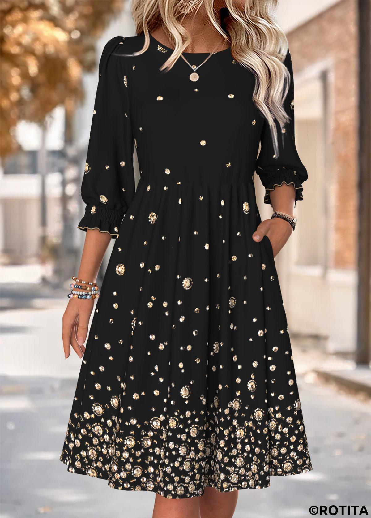 Black dresses,Geometric dresses,Everyday dresses,Casual dresses,ROTITA Geometric Print Black Round Neck 3/4 Sleeve Dress