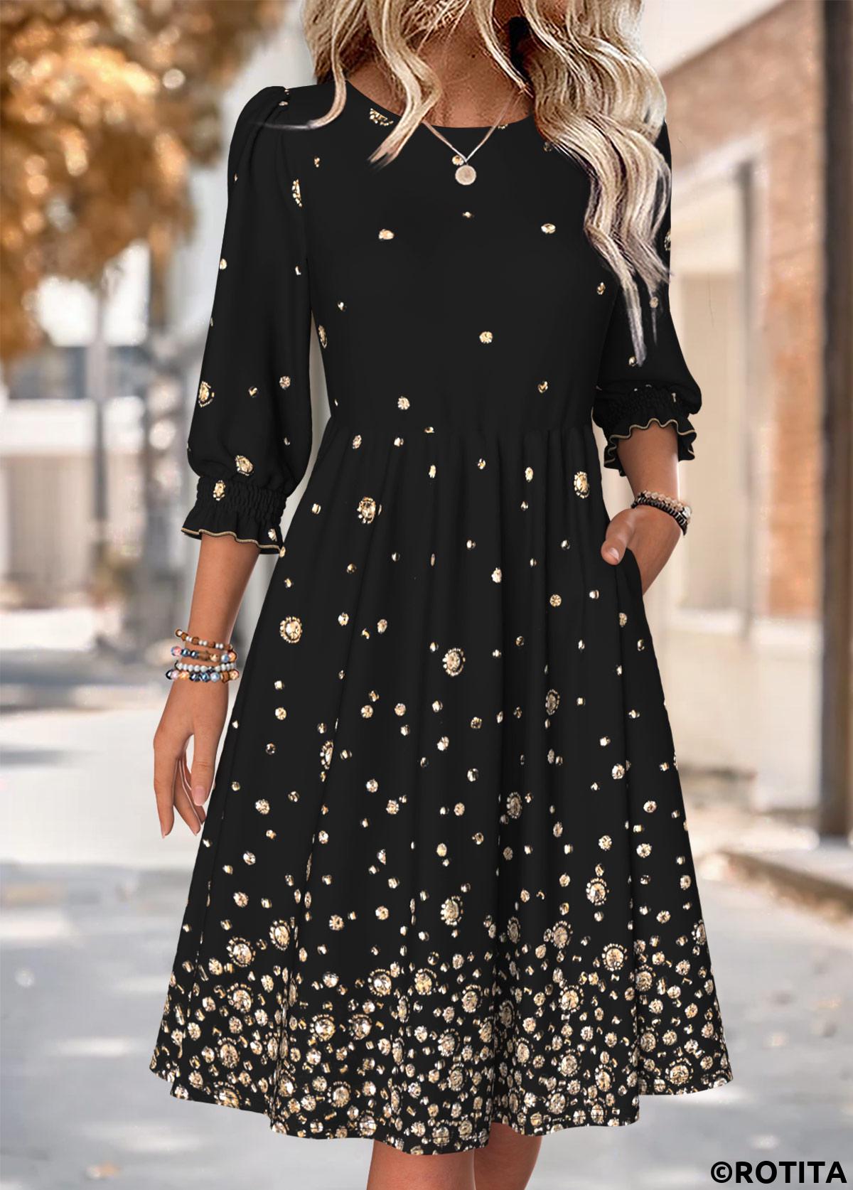 Black dresses,Geometric dresses,Everyday dresses,Casual dresses,ROTITA Geometric Print Black Round Neck 3/4 Sleeve Dress