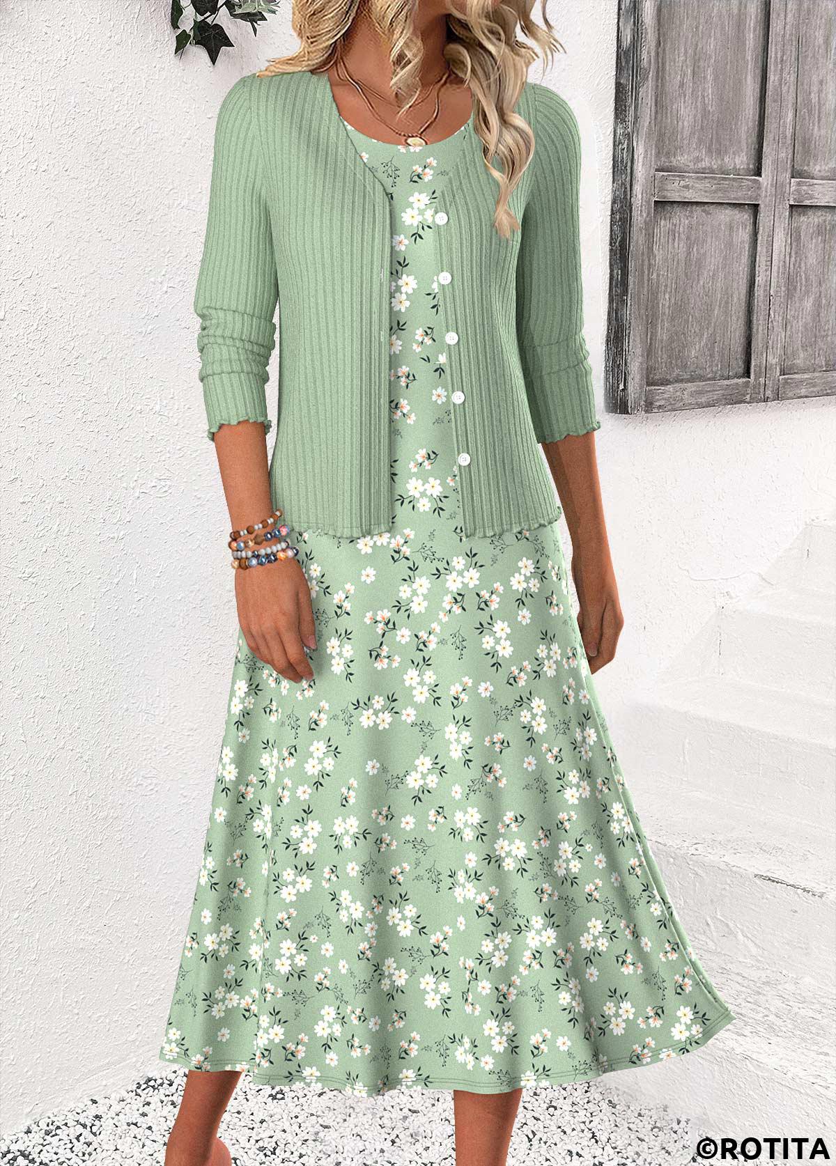 Sage Green dresses,Ditsy Floral dresses,Everyday dresses,Casual dresses,ROTITA Ditsy Floral Print Sage Green Dress and Cardigan