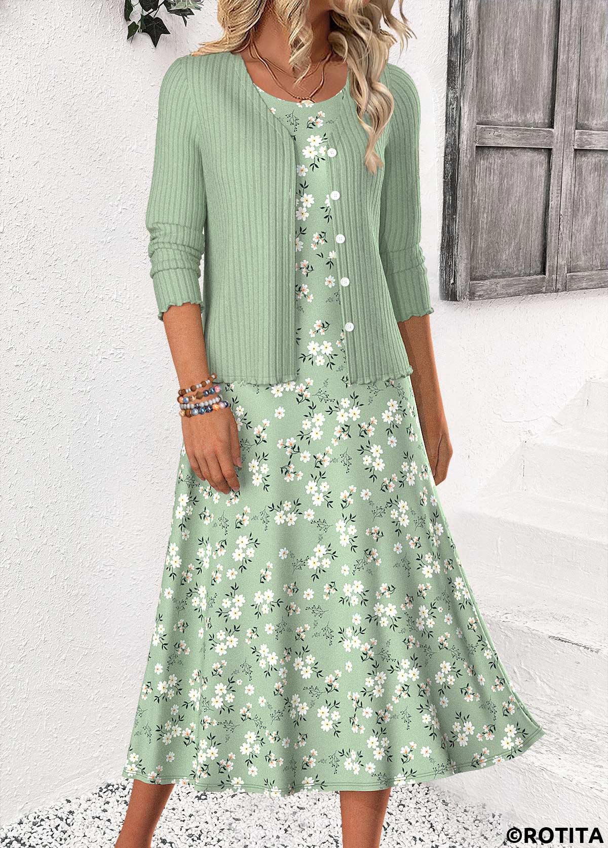 Sage Green dresses,Ditsy Floral dresses,Everyday dresses,Casual dresses,ROTITA Ditsy Floral Print Sage Green Dress and Cardigan