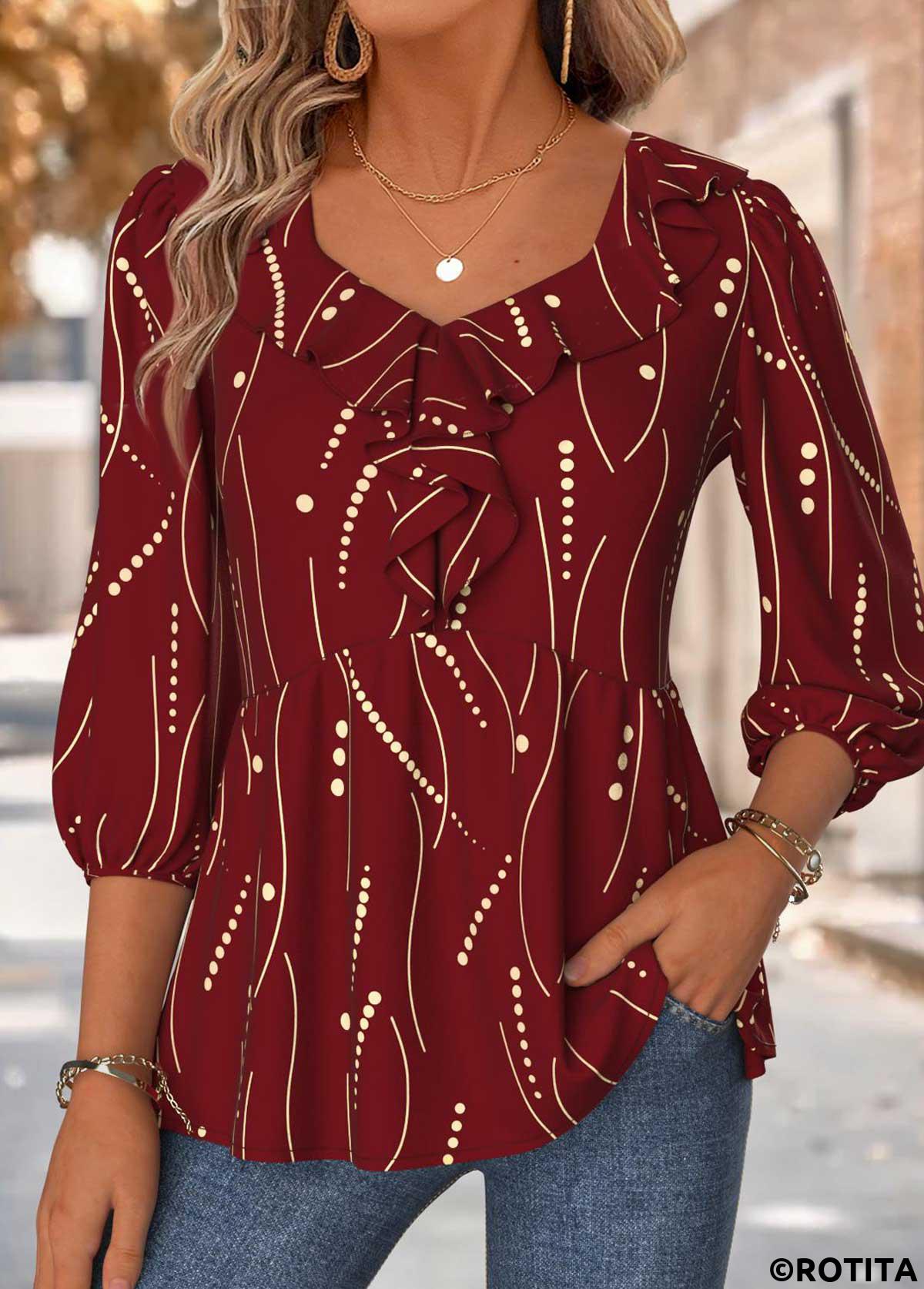 Red tops,Geometric tops,ROTITA Geometric Print Red Heart Collar 3/4 Sleeve Blouse
