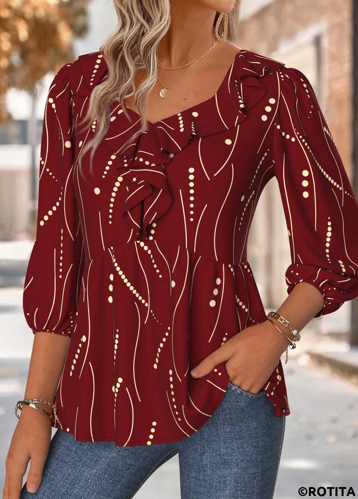 Red tops,Geometric tops,ROTITA Geometric Print Red Heart Collar 3/4 Sleeve Blouse