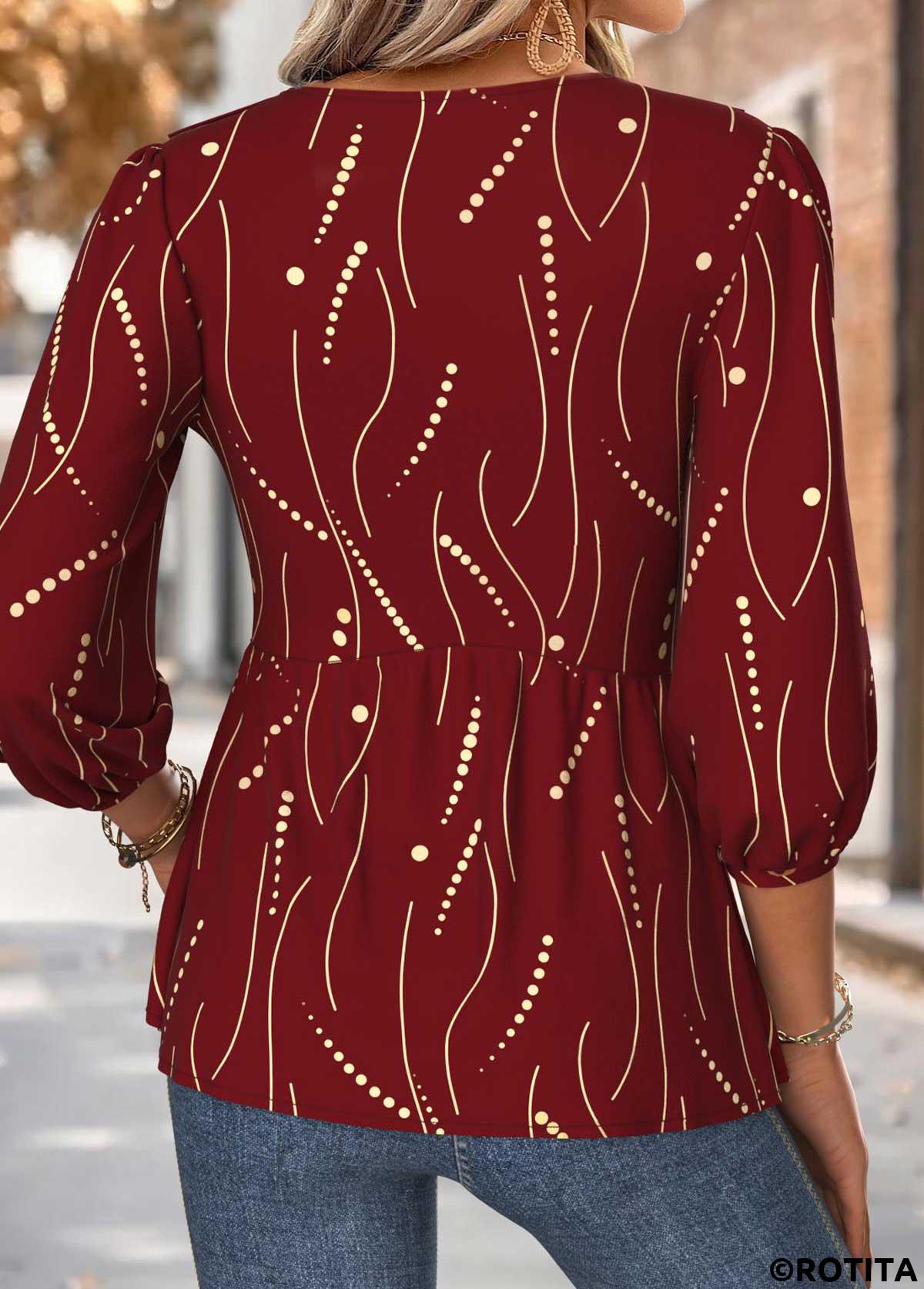 Red tops,Geometric tops,ROTITA Geometric Print Red Heart Collar 3/4 Sleeve Blouse
