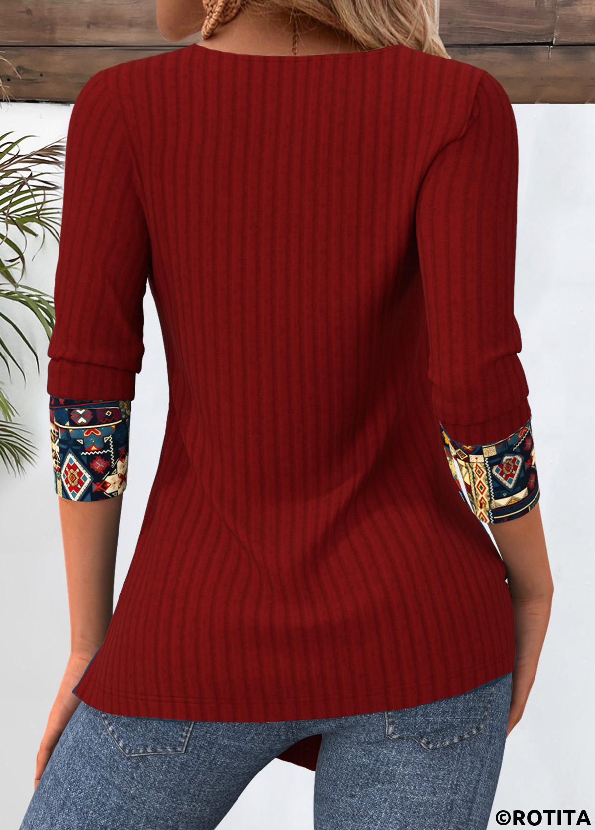 Deep Red tops,Tribal tops,ROTITA Tribal Print Peacock Blue Round Neck T Shirt