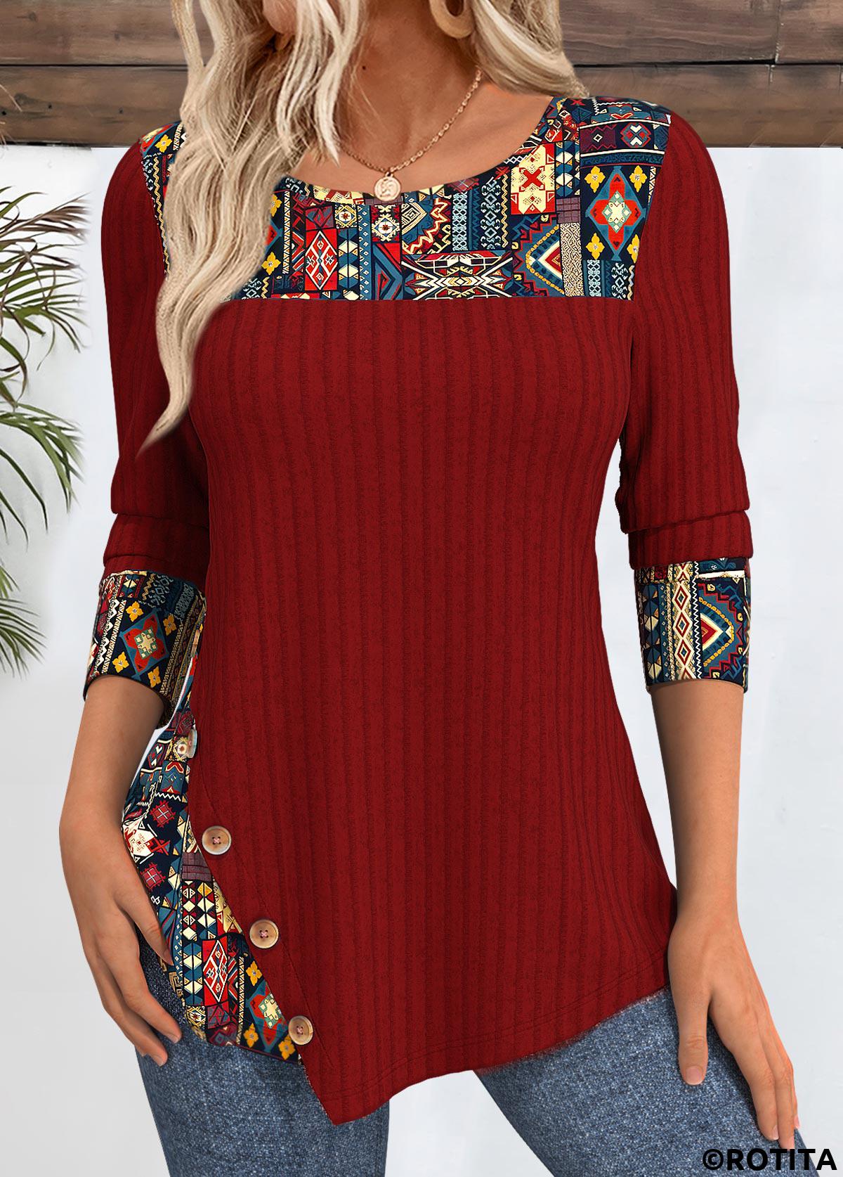 Deep Red tops,Tribal tops,ROTITA Tribal Print Peacock Blue Round Neck T Shirt