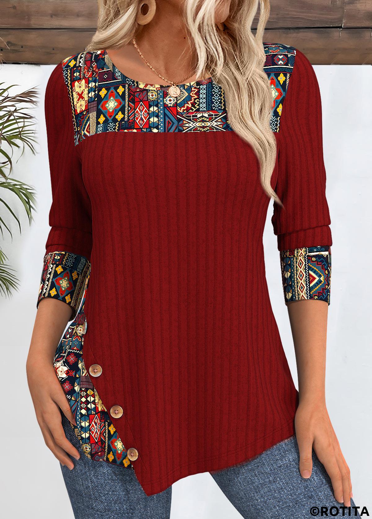 Deep Red tops,Tribal tops,ROTITA Tribal Print Peacock Blue Round Neck T Shirt
