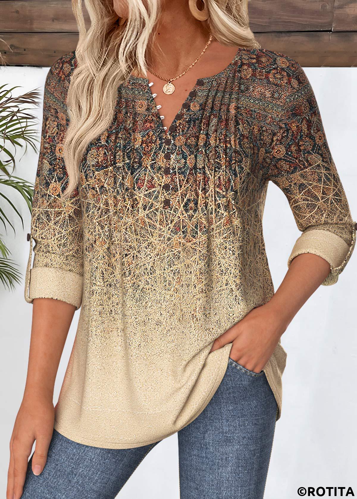 Light Coffee tops,Tribal tops,ROTITA Tribal Print Light Coffee Shirt