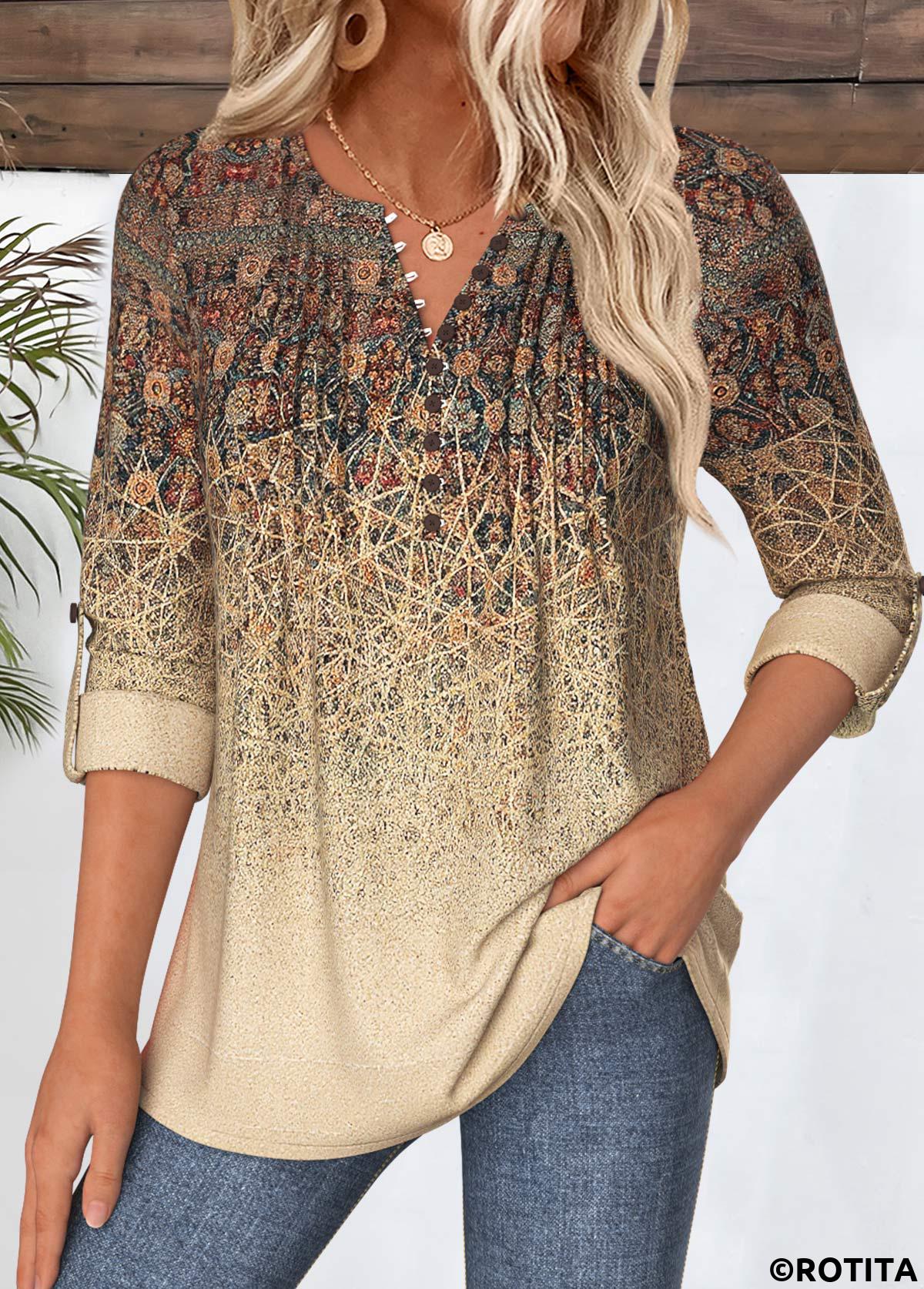 Light Coffee tops,Tribal tops,ROTITA Tribal Print Light Coffee Shirt