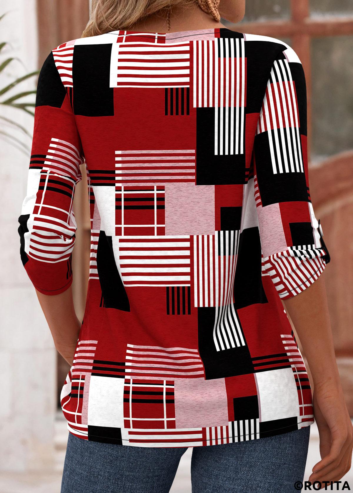 Deep Red tops,Geometric tops,ROTITA Geometric Print Deep Red T Shirt