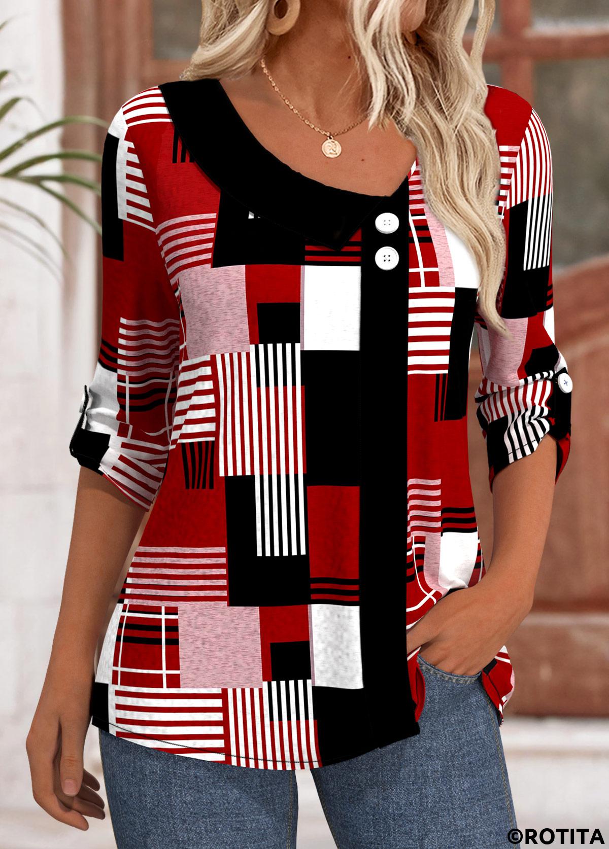 Deep Red tops,Geometric tops,ROTITA Geometric Print Deep Red T Shirt