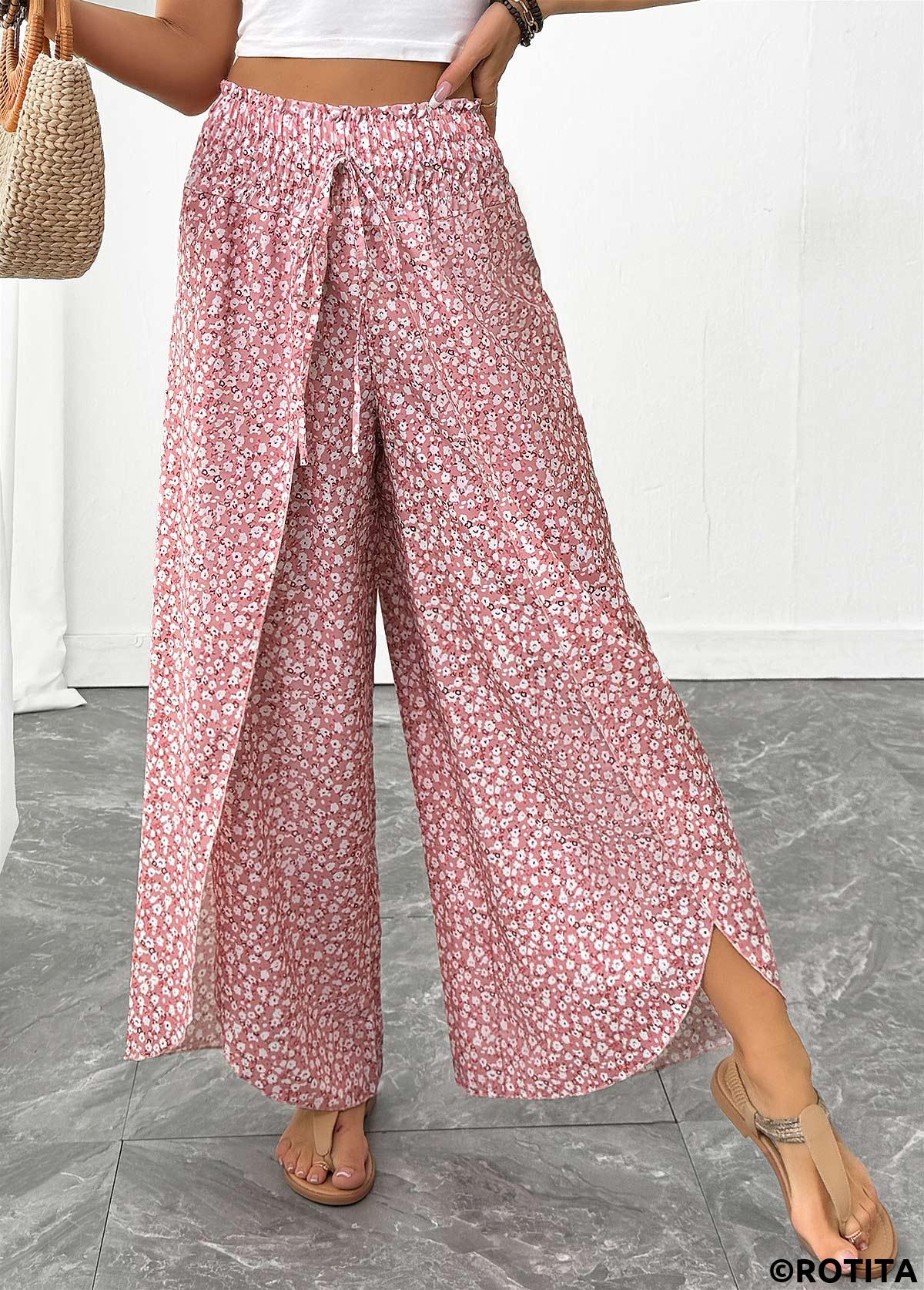 Pink bottoms,Ditsy Floral bottoms,Ditsy Floral Print Pink Wide Leg Elastic Waist Pants