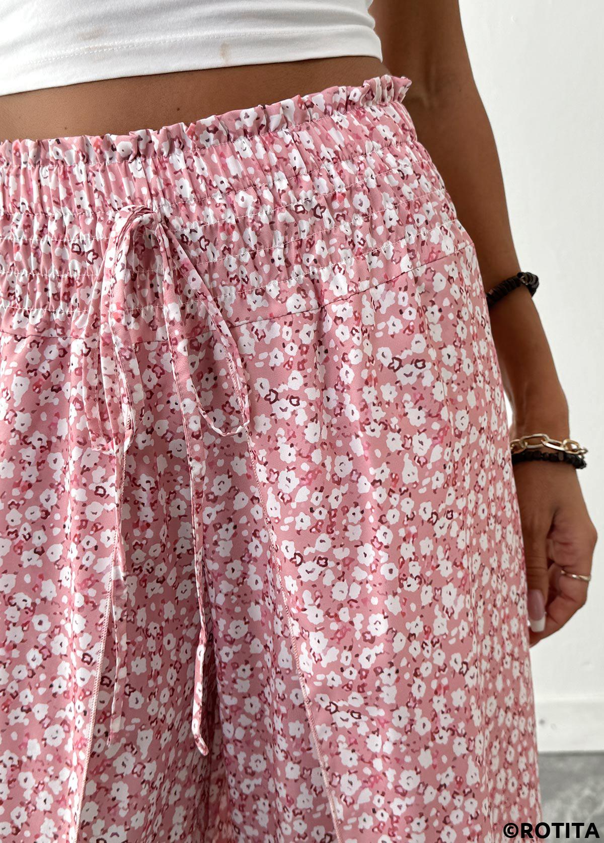 Pink bottoms,Ditsy Floral bottoms,Ditsy Floral Print Pink Wide Leg Elastic Waist Pants