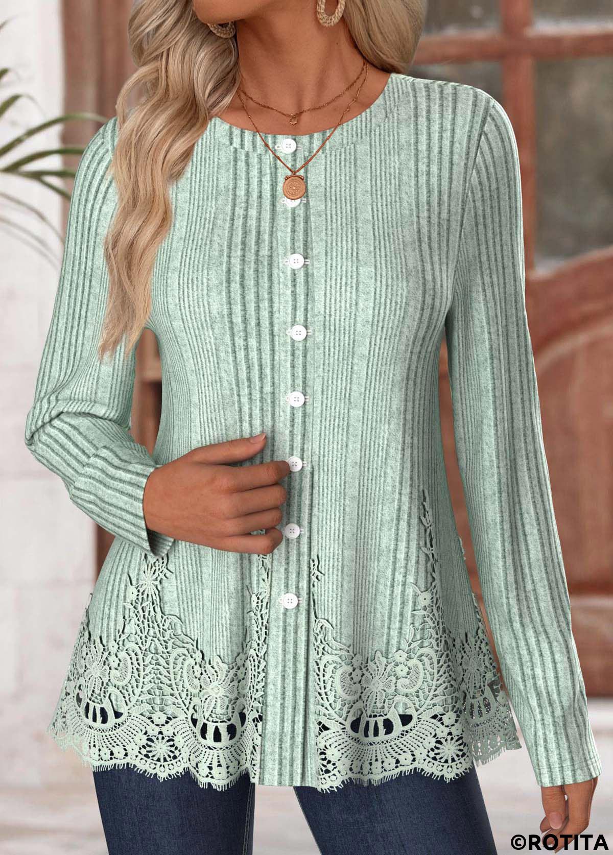 Sage Green tops,Plain Color tops,ROTITA Sage Green Round Neck Long Sleeve T Shirt