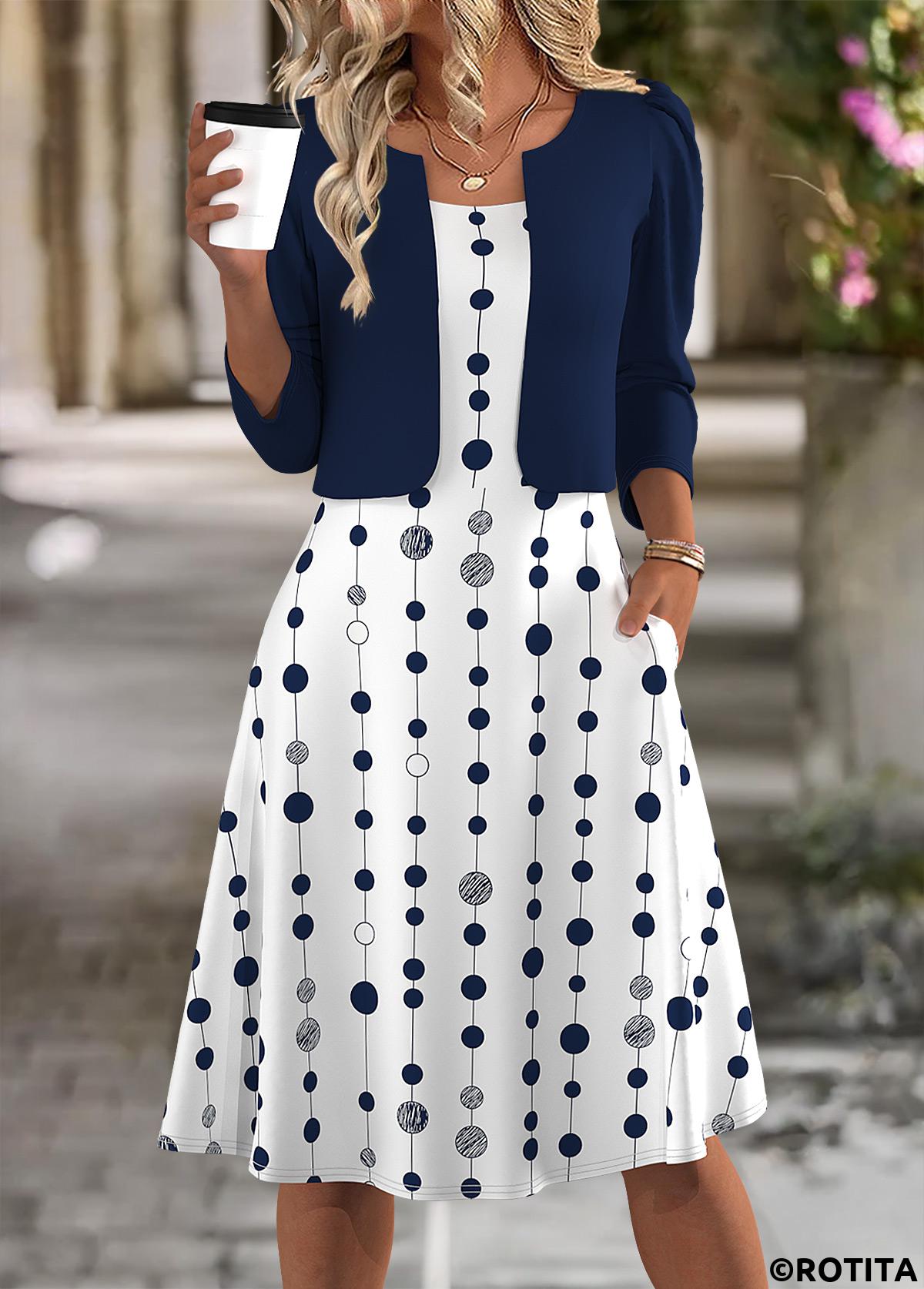 Navy dresses,Dot dresses,Everyday dresses,Casual dresses,ROTITA Polka Dot Navy Round Neck Dress and Cardigan