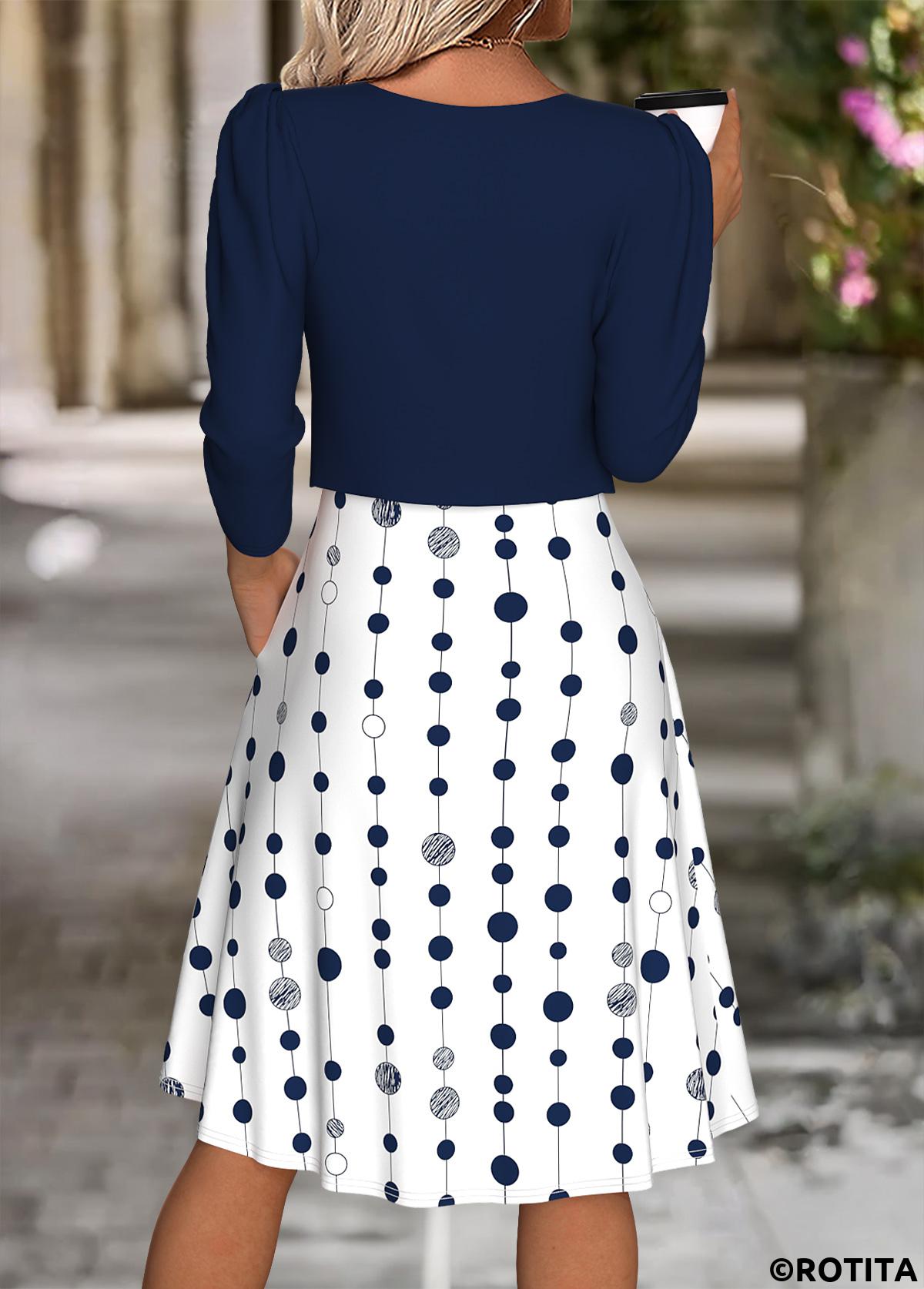 Navy dresses,Dot dresses,Everyday dresses,Casual dresses,ROTITA Polka Dot Navy Round Neck Dress and Cardigan