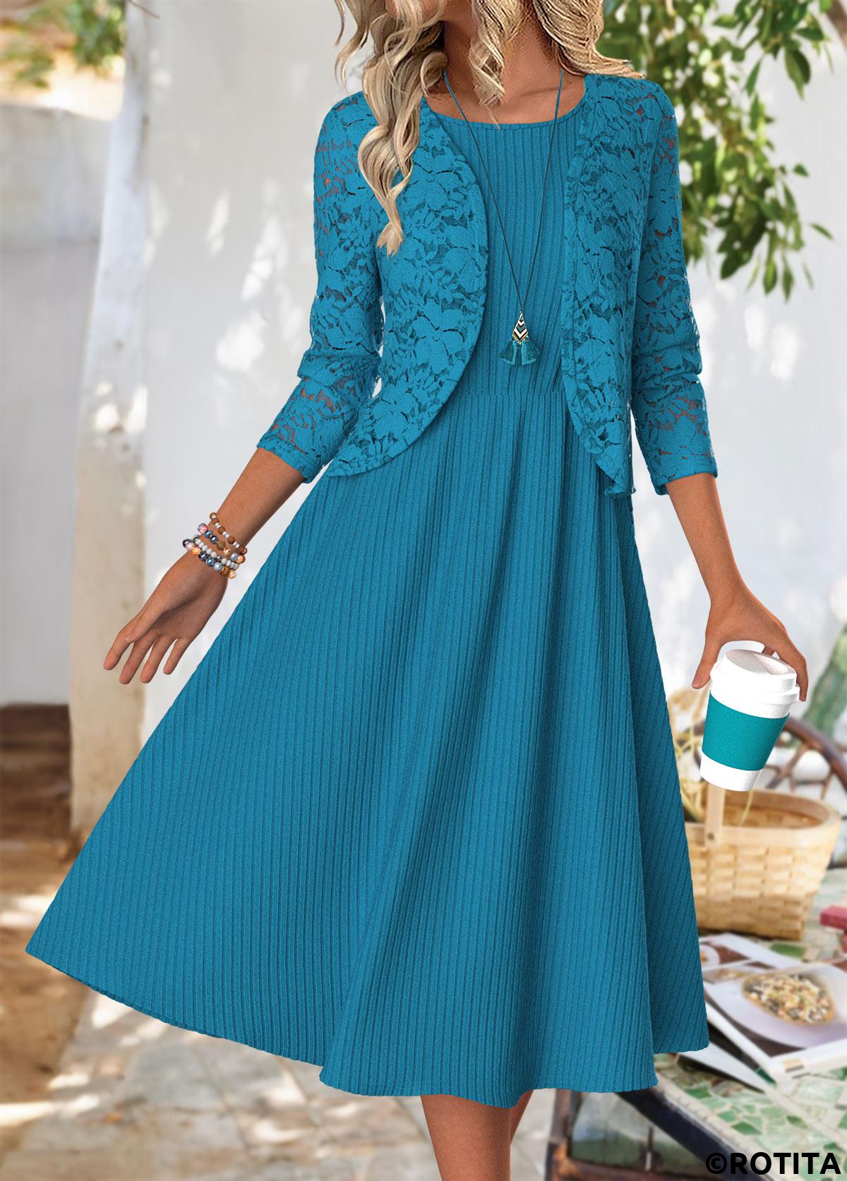 Peacock Blue dresses,Plain Color dresses,Everyday dresses,Casual dresses,ROTITA Peacock Blue Round Neck Long Sleeve Dress and Cardigan