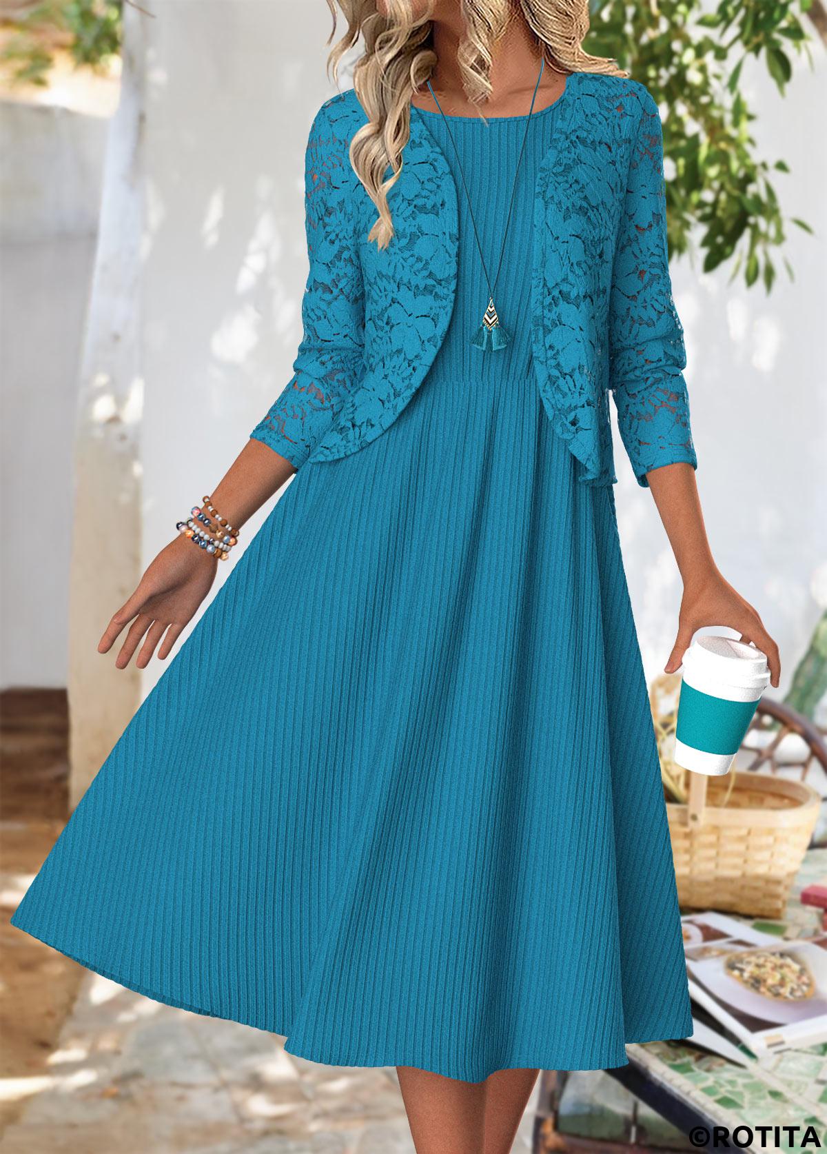 Peacock Blue dresses,Plain Color dresses,Everyday dresses,Casual dresses,ROTITA Peacock Blue Round Neck Long Sleeve Dress and Cardigan