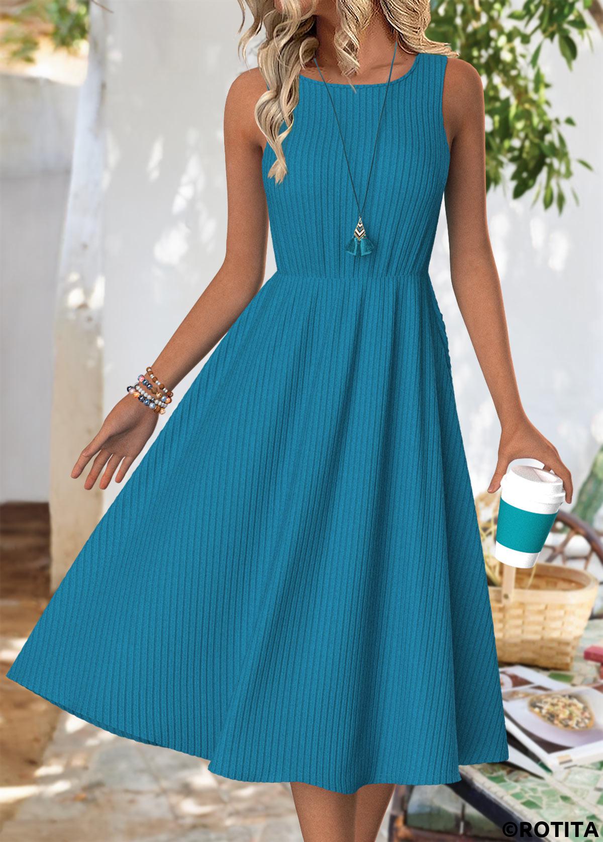 Peacock Blue dresses,Plain Color dresses,Everyday dresses,Casual dresses,ROTITA Peacock Blue Round Neck Long Sleeve Dress and Cardigan