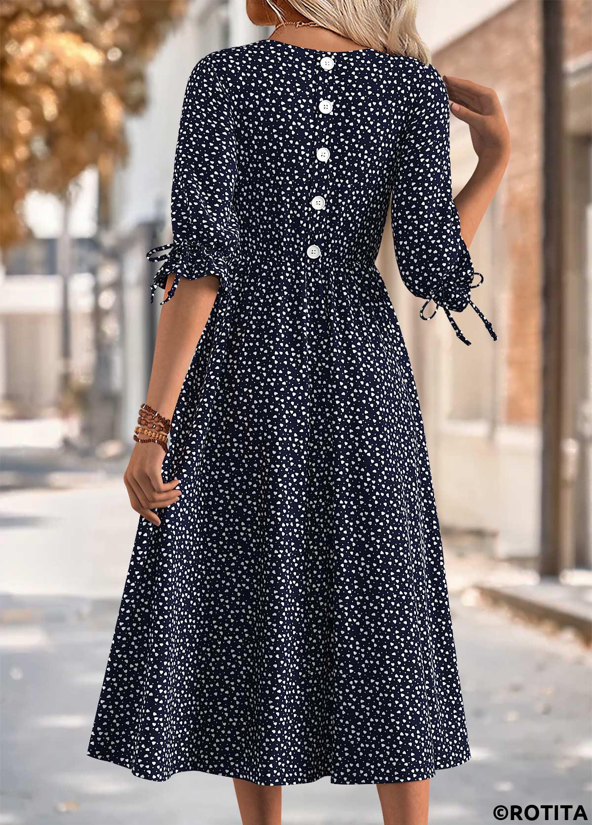 Black dresses,Heart dresses,Everyday dresses,Casual dresses,ROTITA Heart Print Black Round Neck 3/4 Sleeve Dress