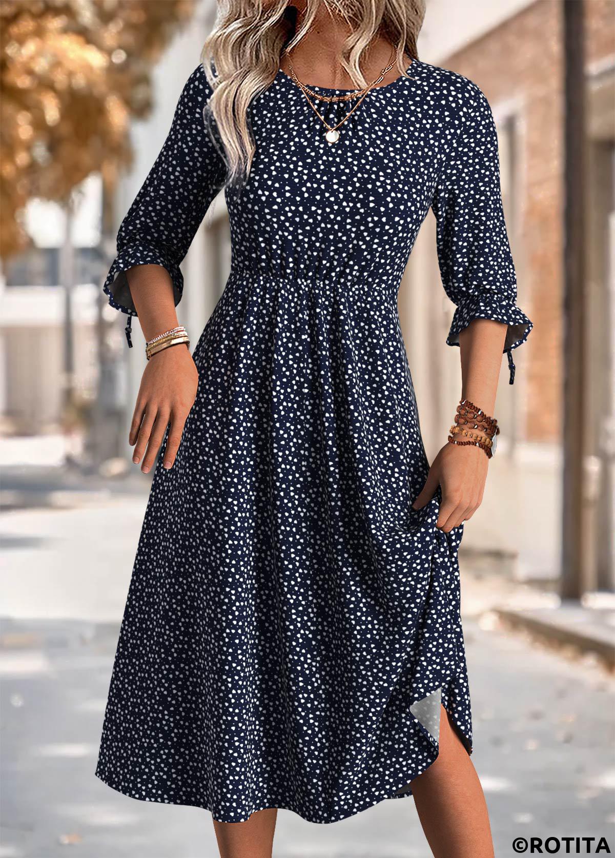 Black dresses,Heart dresses,Everyday dresses,Casual dresses,ROTITA Heart Print Black Round Neck 3/4 Sleeve Dress