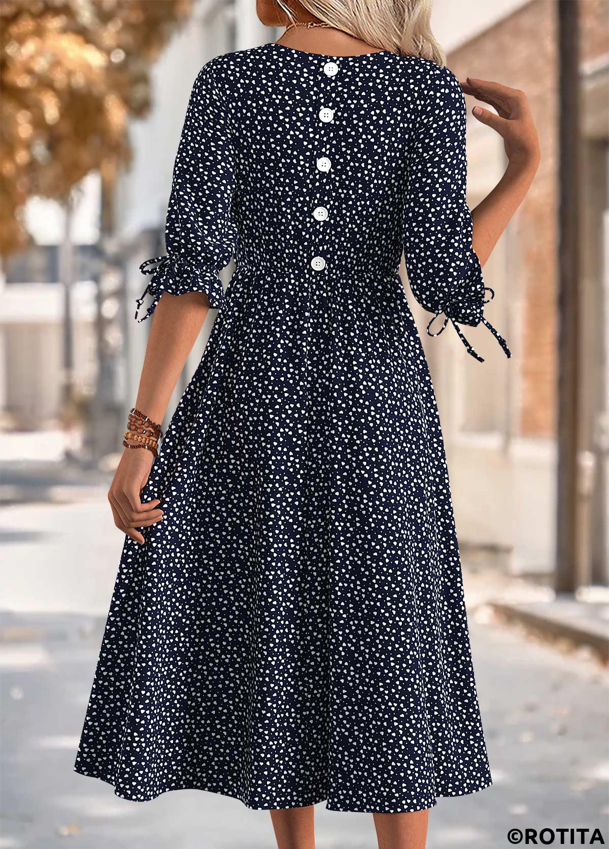 Black dresses,Heart dresses,Everyday dresses,Casual dresses,ROTITA Heart Print Black Round Neck 3/4 Sleeve Dress