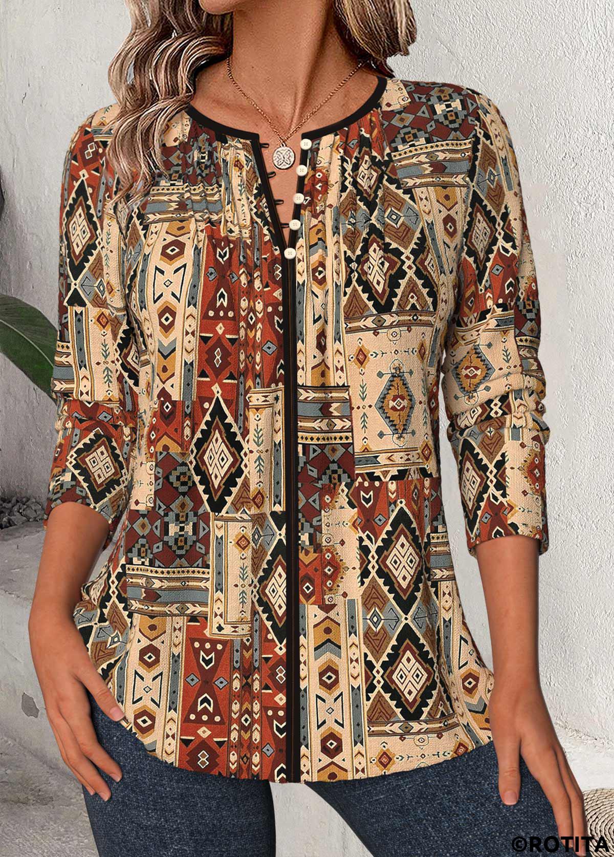 Dark Camel tops,Tribal tops,ROTITA Tribal Print Dark Camel Split Neck 3/4 Sleeve Blouse